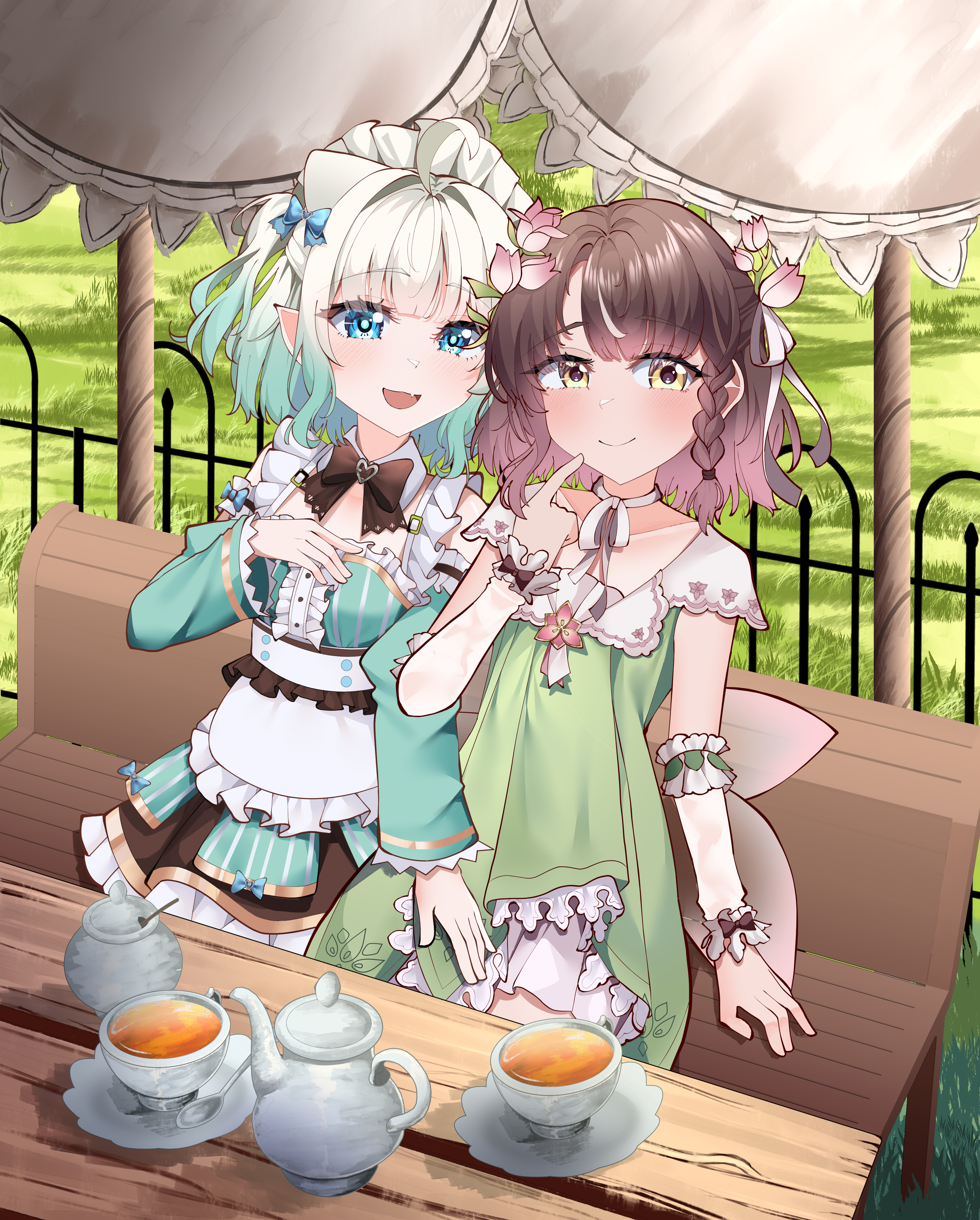 reqware, mint fantome, phoebe (vtuber), densetsu.exe, indie virtual youtuber, commission, highres, 2girls, ahoge, blue eyes, brown hair, closed mouth, cup, dress, flower, grass, hair flower, hair ornament, looking at viewer, mug, multiple girls, open mouth, outdoors, pointy ears, sitting, smile, tea, virtual youtuber, white hair, yellow eyes
