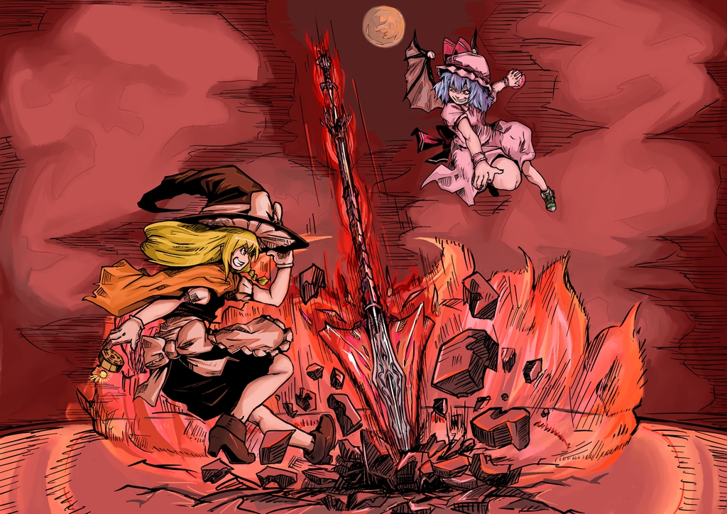 shibe362, kirisame marisa, remilia scarlet, touhou, 2girls, battle, blonde hair, female focus, multiple girls, spear the gungnir