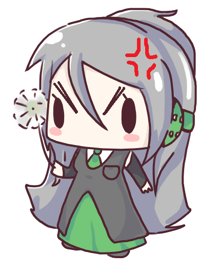 john su, mimiri, miriam (vocaloid), vocaloid, 1girl, angry, blush, chibi, dandelion, female focus, flower, full body, headphones, simple background, solo, white background