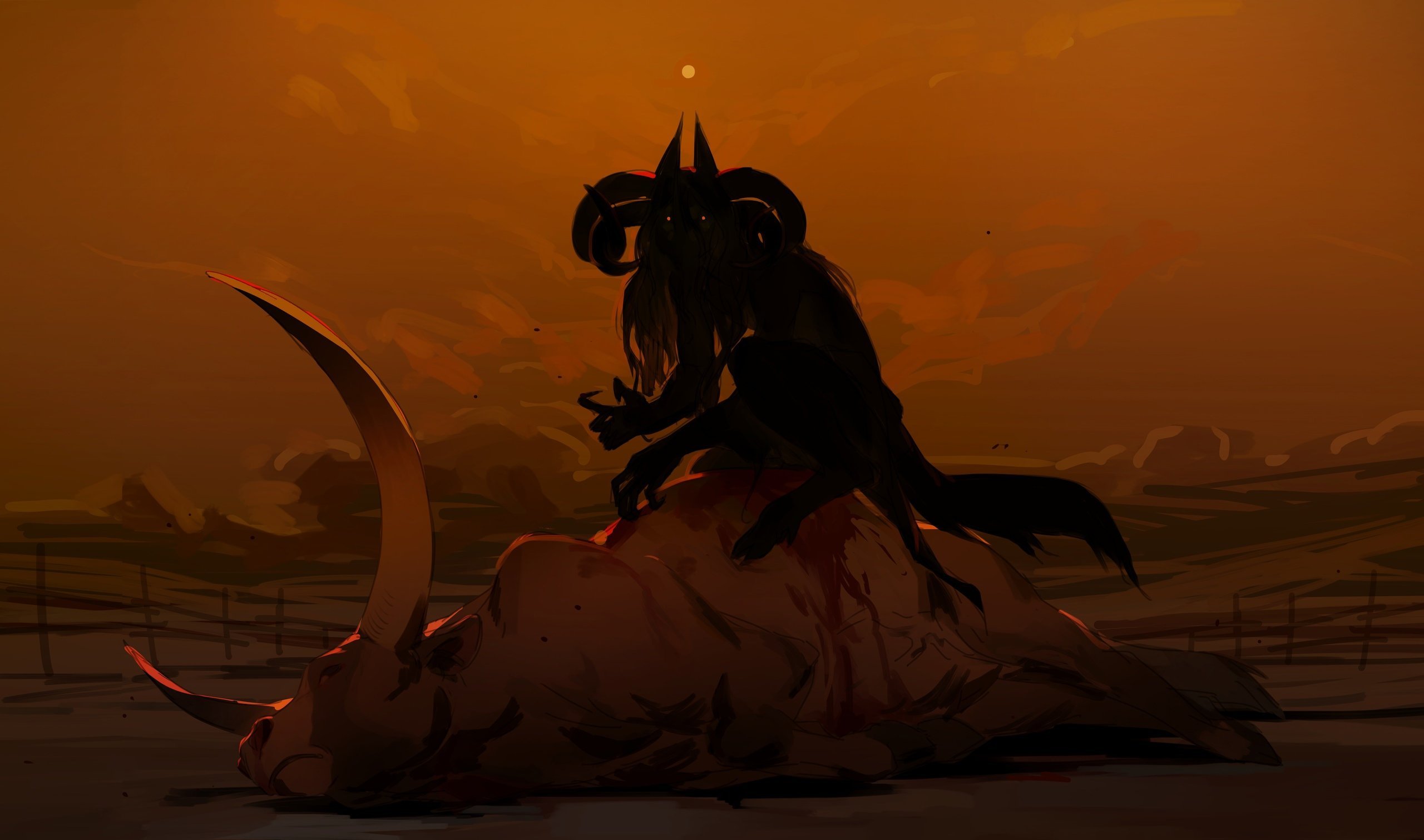 original, concept art, highres, non-web source, tagme, dark, feathers, horns, immorthis, scenery, shadow