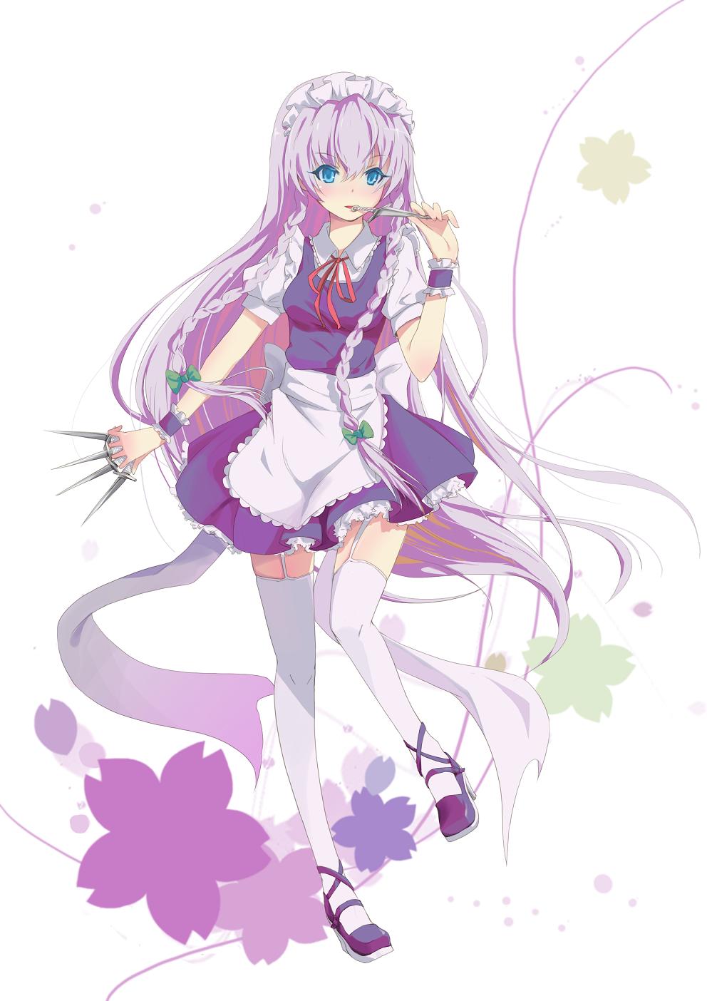 zhao shuwen, izayoi sakuya, touhou, silver hair, highres, jpeg artifacts, 1girl, alternate hairstyle, blue eyes, bow, braid, female focus, full body, garter belt, garter straps, hair bow, knife, long hair, maid, maid headdress, solo, thighhighs, throwing knife, twin braids, very long hair, weapon, white background, white thighhighs, wrist cuffs