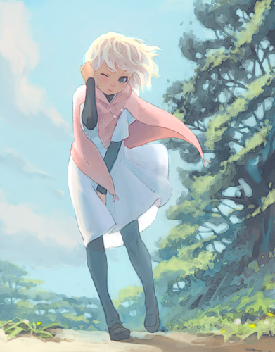 weno, weno's blonde original character, original, lowres, 1girl, blonde hair, blue eyes, dress, female focus, full body, nature, outdoors, pantyhose, plant, short hair, sky, solo, thighhighs, wind, wink