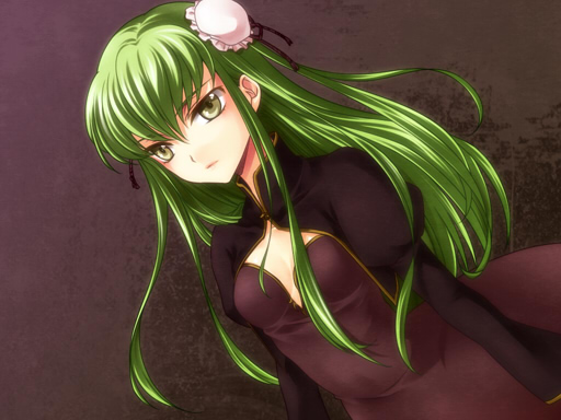 jyuru, c.c., code geass, arms at sides, double bun, green hair, long hair, solo, yellow eyes