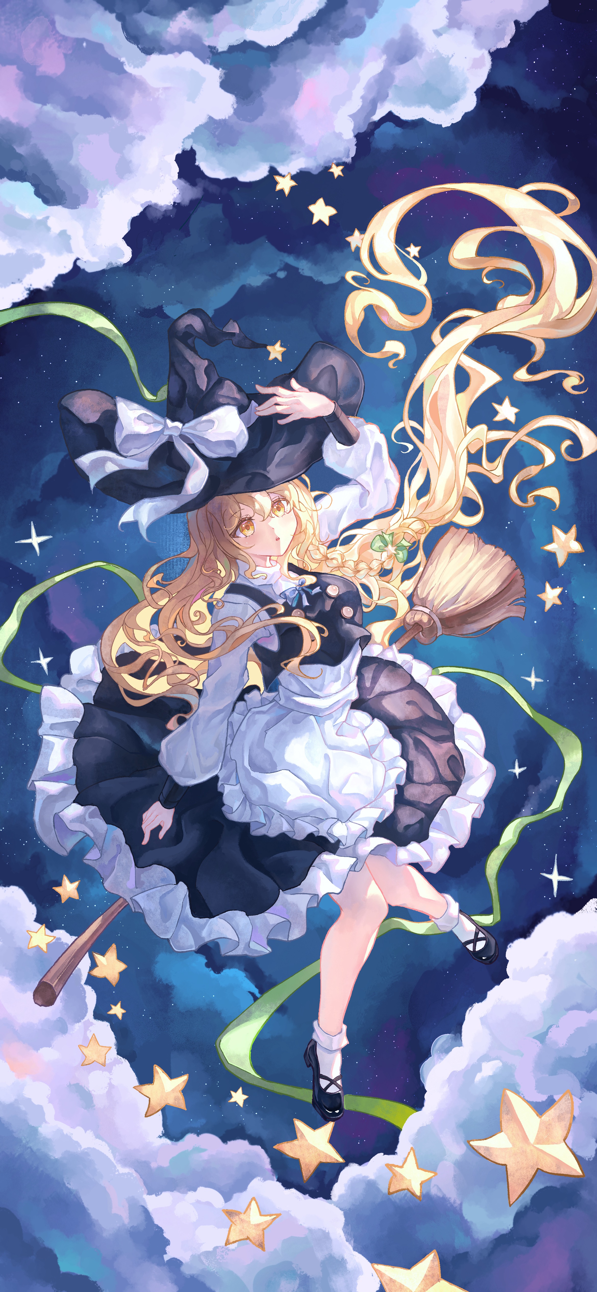 sasalio-pb, kirisame marisa, touhou, absurdres, chinese commentary, commentary, highres, 1girl, apron, black hat, black shoes, black skirt, black vest, blonde hair, bow, braid, broom, broom riding, cloud, full body, green bow, green ribbon, hair bow, hand on headwear, hat, hat bow, long hair, long sleeves, night, ribbon, shirt, shoes, side braid, single braid, skirt, socks, solo, star (sky), star (symbol), starry sky background, very long hair, vest, waist apron, white apron, white bow, white shirt, white socks, witch hat, yellow eyes