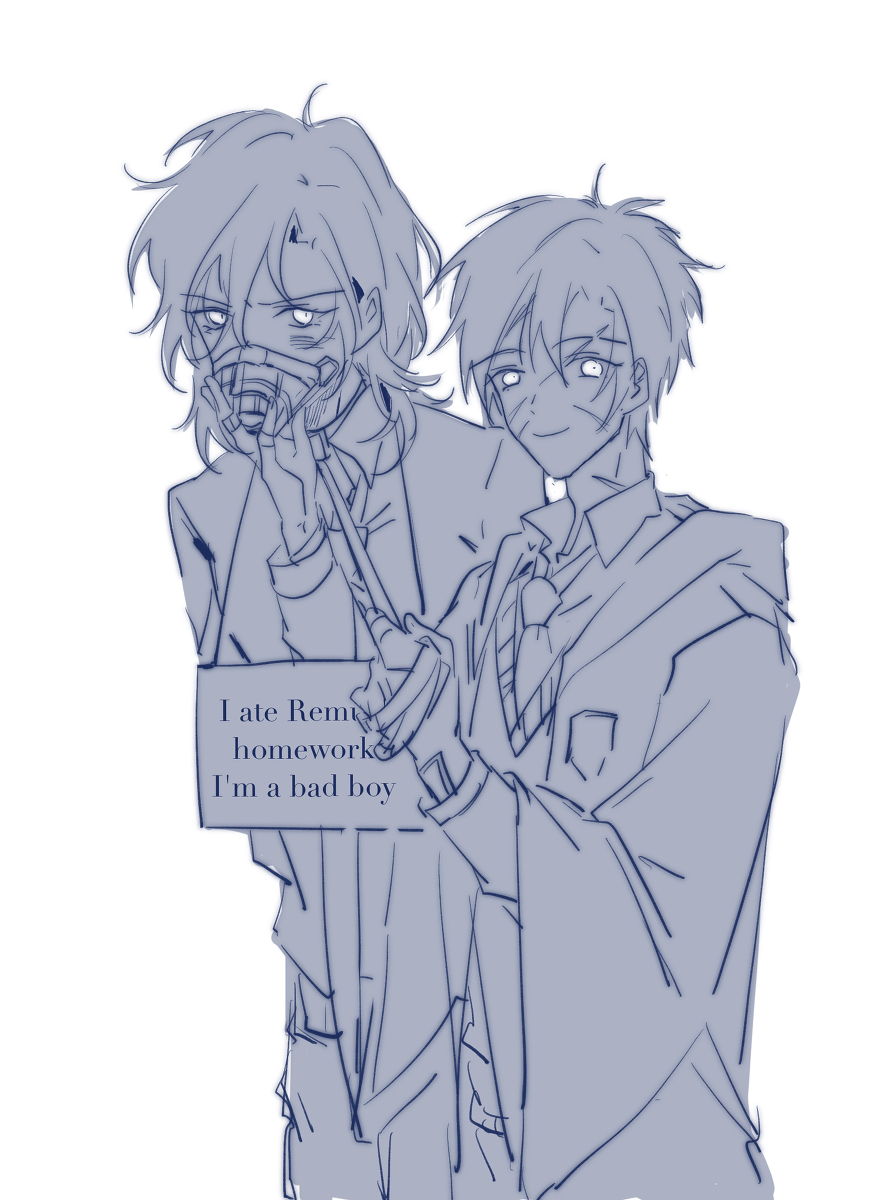 pixiv id 7170486, remus lupin, sirius black, harry potter (series), wizarding world, 2boys, closed mouth, collar, english text, facial scar, hair between eyes, hogwarts school uniform, light smile, looking at viewer, male focus, medium hair, monochrome, multiple boys, multiple scars, muzzle (mask), necktie, scar, scar across eye, scar on cheek, scar on face, scar on neck, school uniform, short hair, sign, simple background, smile, wing collar