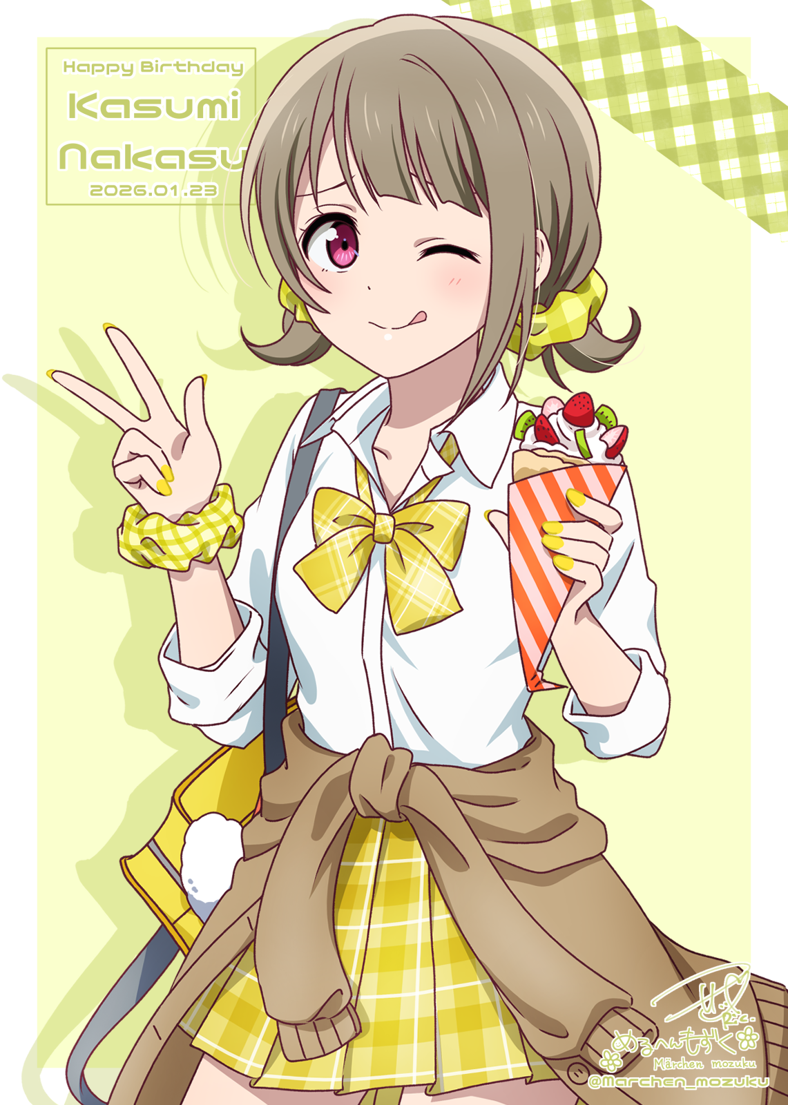 ric. (marchen mozuku), nakasu kasumi, love live!, love live! nijigasaki high school idol club, commentary request, highres, 1girl, :q, bag, blush, bow, bowtie, brown hair, cardigan, cardigan around waist, character name, clothes around waist, crepe, dated, drop shadow, food, gyaru, gyarugasaki, hair ornament, hair scrunchie, happy birthday, holding, holding crepe, holding food, looking at viewer, official alternate costume, official alternate hairstyle, one eye closed, open collar, pink eyes, plaid bow, plaid bowtie, plaid clothes, plaid skirt, pleated skirt, school bag, scrunchie, shirt, short hair, short twintails, shoulder bag, signature, skirt, smile, solo, tongue, tongue out, twintails, w, white shirt, wrist scrunchie, yellow bow, yellow bowtie, yellow nails, yellow skirt