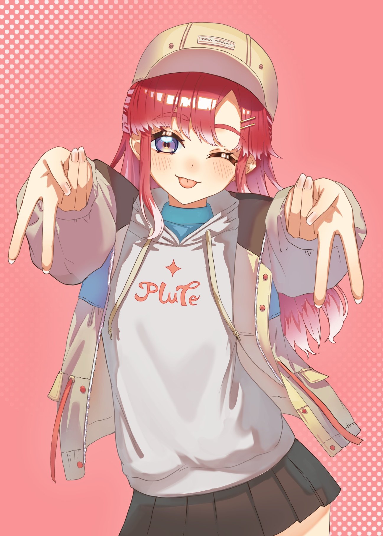 doidamon, inui toko, inui toko (hoodie), saotome berry, nijisanji, commentary request, highres, 1girl, :p, asymmetrical bangs, baseball cap, blush, brown hat, brown jacket, brown skirt, closed mouth, clothes writing, colored tips, contrapposto, cosplay, cowboy shot, double v, grey hoodie, gyaru v, hair ornament, hairpin, halftone, halftone background, hat, heart, heart in eye, hood, hood down, hoodie, inui toko (cosplay), jacket, long hair, long sidelocks, long sleeves, looking at viewer, miniskirt, multicolored hair, multiple hairpins, nose blush, one eye closed, open clothes, open jacket, outstretched arms, parted bangs, pink background, pleated skirt, purple eyes, red hair, sidelocks, skirt, solo, symbol in eye, tongue, tongue out, v, very long hair, virtual youtuber, white hair