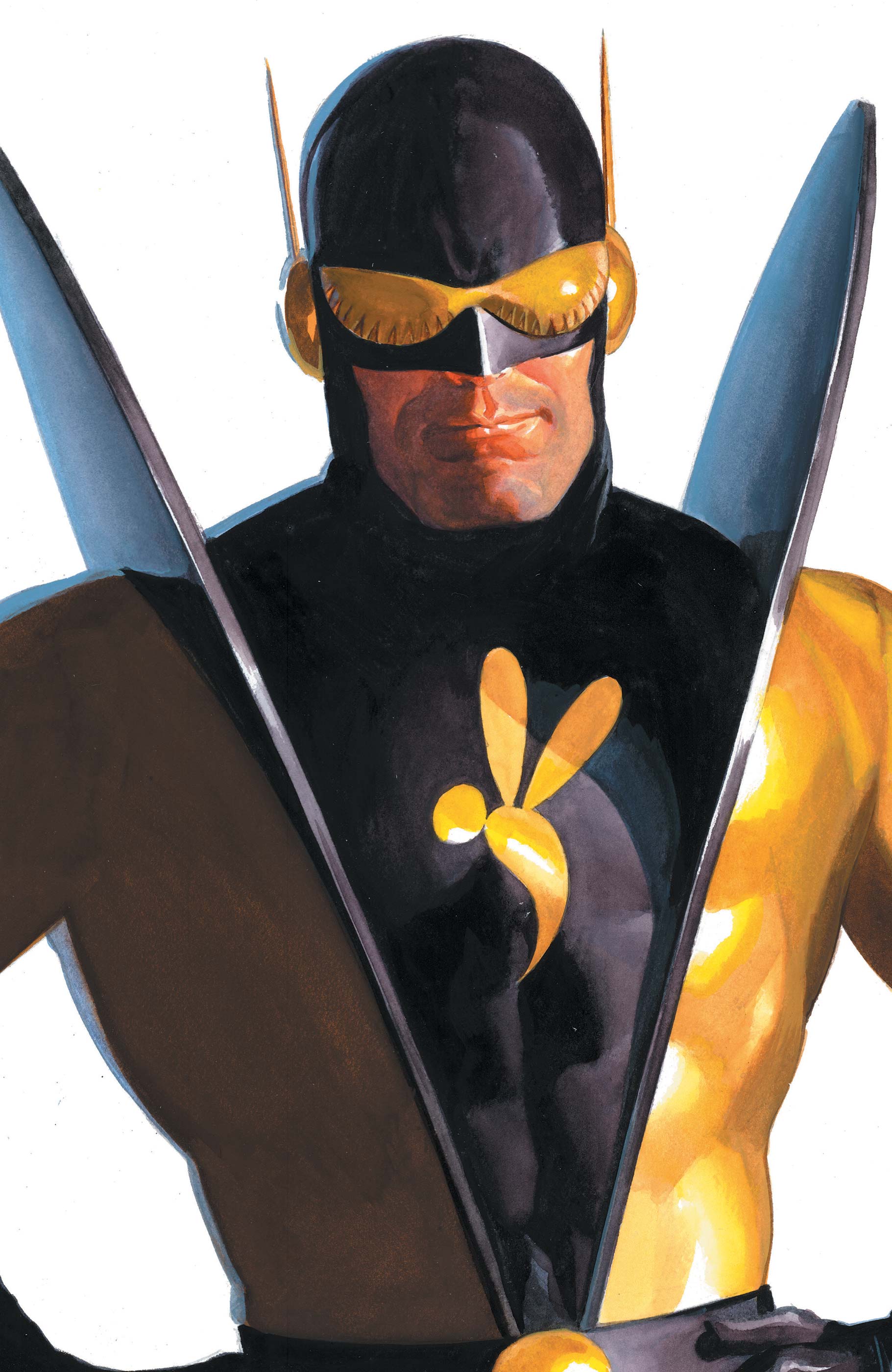 alex ross, yellowjacket (marvel), ant-man (series), avengers (series), marvel, absurdres, comic cover, highres, official art, 1boy, belt, black gloves, bodysuit, character logo, cover, cover page, gloves, hands on own hips, looking at viewer, male focus, muscular, muscular male, opaque sunglasses, realistic, solo, tinted eyewear, western comics (style), white background, yellow-tinted eyewear, yellow bodysuit