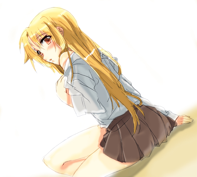 hareta, seita, fate testarossa, lyrical nanoha, mahou shoujo lyrical nanoha, mahou shoujo lyrical nanoha strikers, 00s, 1girl, blonde hair, blush, dutch angle, female focus, from behind, long hair, looking back, red eyes, simple background, sitting, skirt, solo, undressing