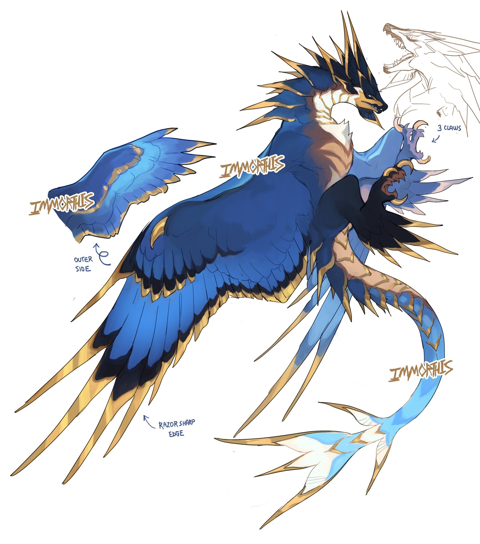 original, concept art, highres, non-web source, claws, dragon, feathered wings, feathers, horns, immorthis, raptor, tail, wings