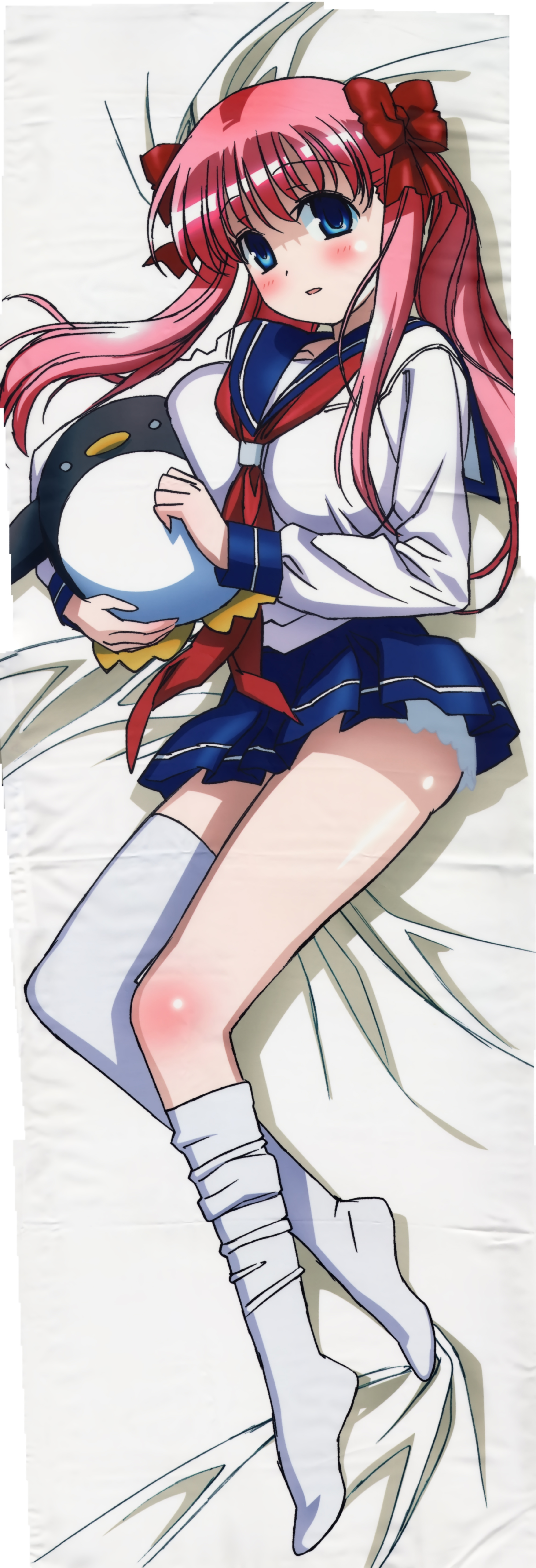 etopen, haramura nodoka, saki (manga), absurdres, artist request, highres, long image, non-web source, tall image, 1girl, blue eyes, blush, bow, breasts, dakimakura (medium), female focus, full body, hair bow, large breasts, long hair, panties, pink hair, school uniform, serafuku, solo, stuffed animal, stuffed toy, thighhighs, twintails, underwear