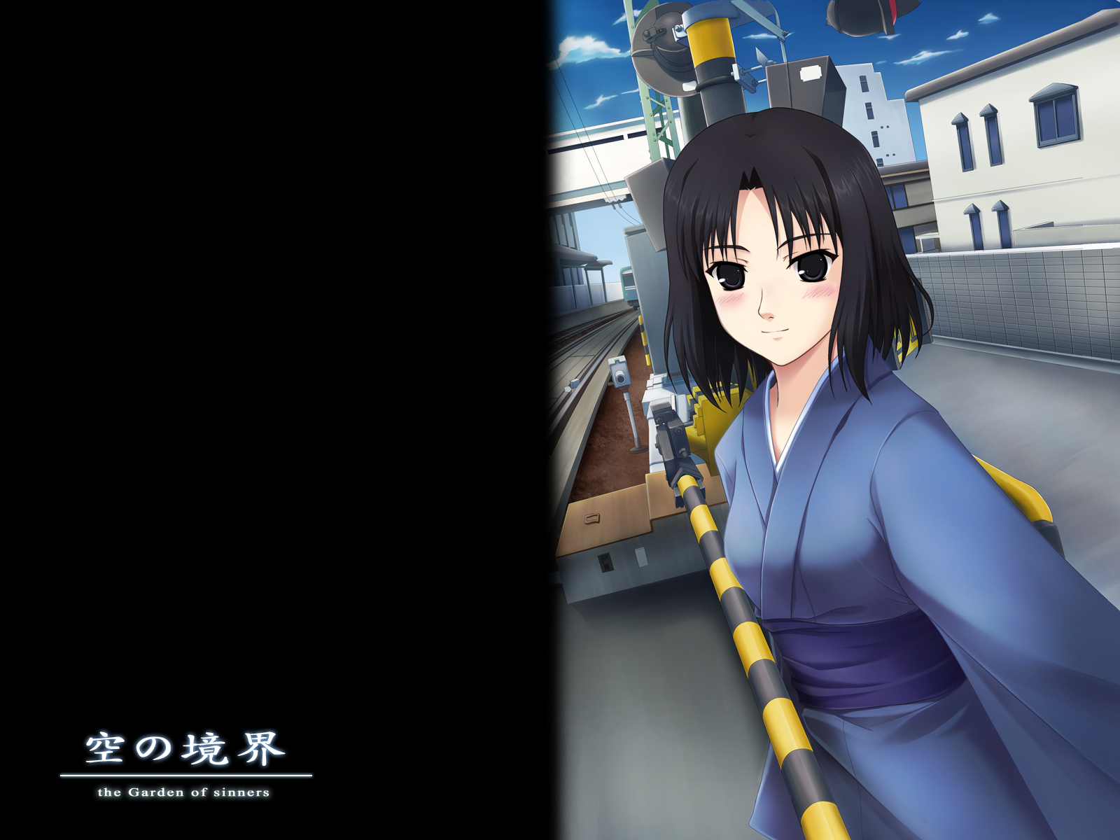 tai (2vs), tai (pixiv1637339), ryougi shiki, kara no kyoukai, highres, 1girl, black hair, blush, female focus, japanese clothes, kimono, railroad crossing, railroad tracks, short hair, smile, solo