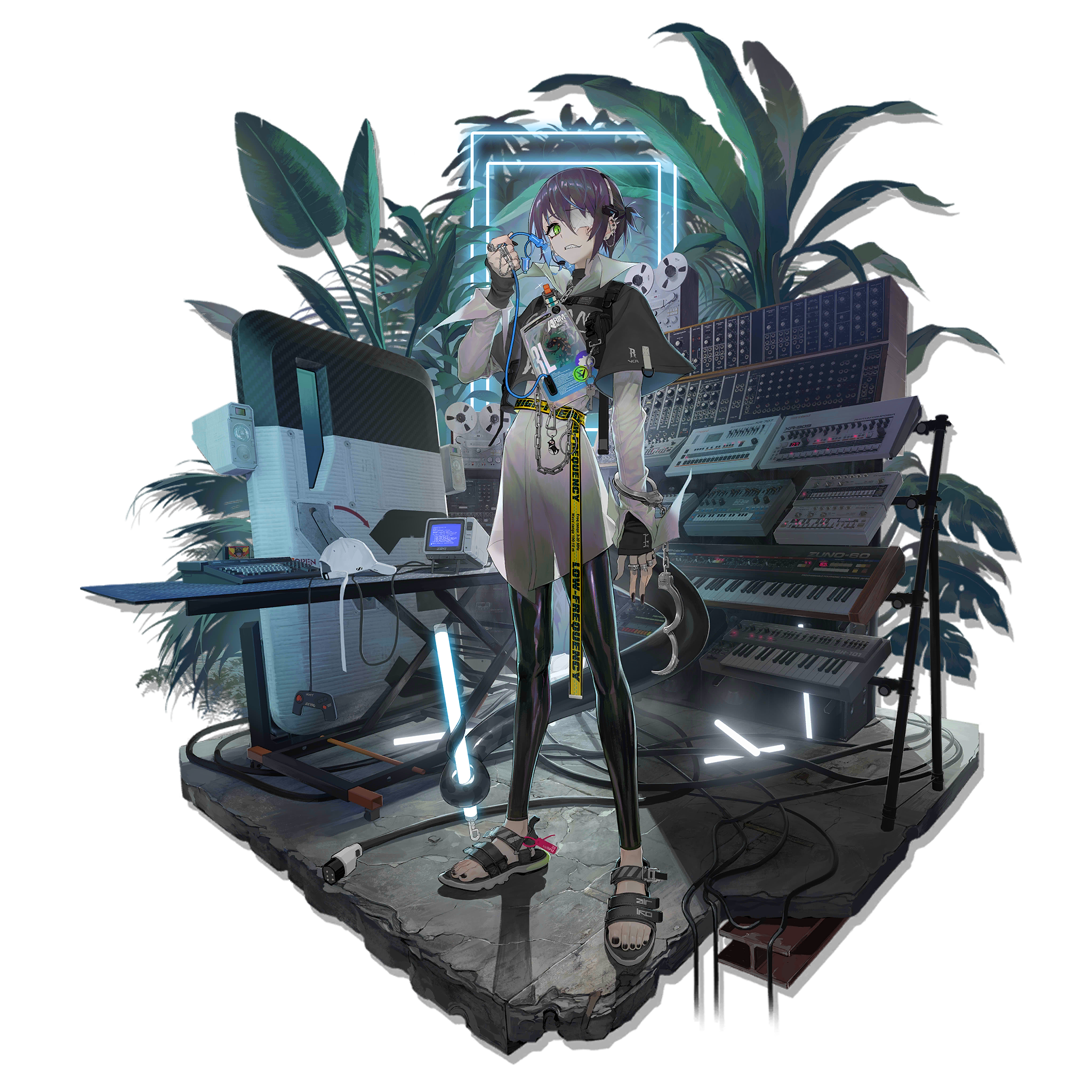 team expndr, asbestos (arknights), asbestos (glen sonata) (arknights), arknights, highres, official art, 1girl, animal, animal on shoulder, belt, black gloves, black nails, black pants, cable, chair, computer, computer keyboard, cup, ear piercing, earrings, eyepatch, faux figurine, fingerless gloves, full body, glasses, gloves, green eyes, hair over one eye, holding, holographic interface, instrument, jewelry, keyboard (instrument), leggings, lizard tail, long sleeves, looking at viewer, medical eyepatch, microphone, monitor, multiple rings, nail polish, official alternate costume, one eye covered, pants, piercing, plant, pointy ears, purple hair, reptile girl, ring, sandals, see-through clothes, short hair, solo, speaker, standing, tail, toenail polish, toenails, toes, transparent background