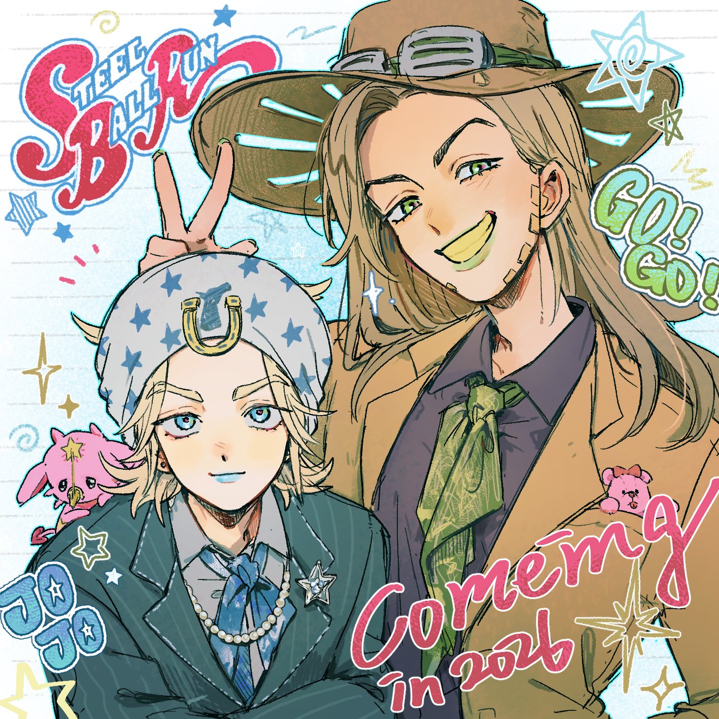 gyro zeppeli, johnny joestar, tusk (stand), tusk act1, jojo no kimyou na bouken, steel ball run, commentary, english commentary, highres, 2boys, ascot, beard, blonde hair, blue bow, blue bowtie, blue eyes, blue jacket, blue lips, bow, bowtie, brown hair, brown hat, brown jacket, closed mouth, collared shirt, cowboy hat, crossed arms, dated, facial hair, formal clothes, goggles, goggles on headwear, gold teeth, green ascot, green eyes, green lips, green neckerchief, grey hat, grey shirt, grin, hand up, hat, horse print, horseshoe hat ornament, horseshoe ornament, jacket, long hair, long sleeves, looking at viewer, makeup, male focus, multiple boys, neckerchief, pinstripe pattern, pinstripe suit, purple shirt, shirt, short hair, smile, stand (jojo), star (symbol), star print, stuffed animal, stuffed toy, suit, teddy bear, upper body, v, yonu jelly