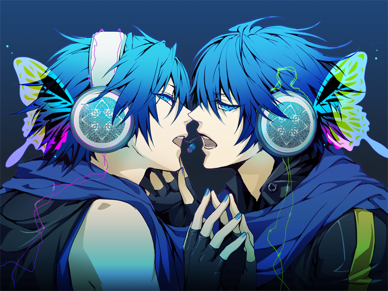 double click (artist), kaito (vocaloid), magnet (vocaloid), vocaloid, bad id, bad pixiv id, 2boys, blue eyes, blue hair, butterfly hair ornament, clone, dual persona, face-to-face, fingerless gloves, gloves, hair ornament, headphones, male focus, multiple boys, selfcest, short hair