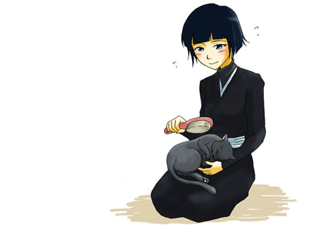 kanpaku, shihouin yoruichi, shihouin yoruichi (cat), sui-feng, bleach, fur, lowres, 1girl, animal, cat, long sleeves, on lap, simple background, sleeping, white background