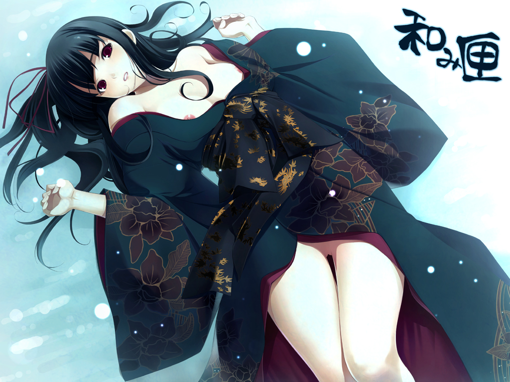 suke akurou, rin (cartagra), cartagra, nagomibako, 1girl, areola slip, bare shoulders, black hair, blunt bangs, blush, breasts, cleavage, dutch angle, female focus, floral print, from above, hair ribbon, head tilt, japanese clothes, kimono, large breasts, lipstick, long hair, lying, makeup, naughty face, nipple slip, nipples, no bra, no panties, no pussy, off shoulder, on back, ponytail, red eyes, ribbon, side ponytail, smile, solo, thigh gap