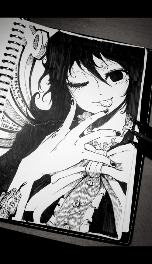 oso (toolate), houjuu nue, touhou, traditional media, 1girl, :p, bow, dress, female focus, nail polish, one eye closed, snake, solo, tongue, tongue out, wink