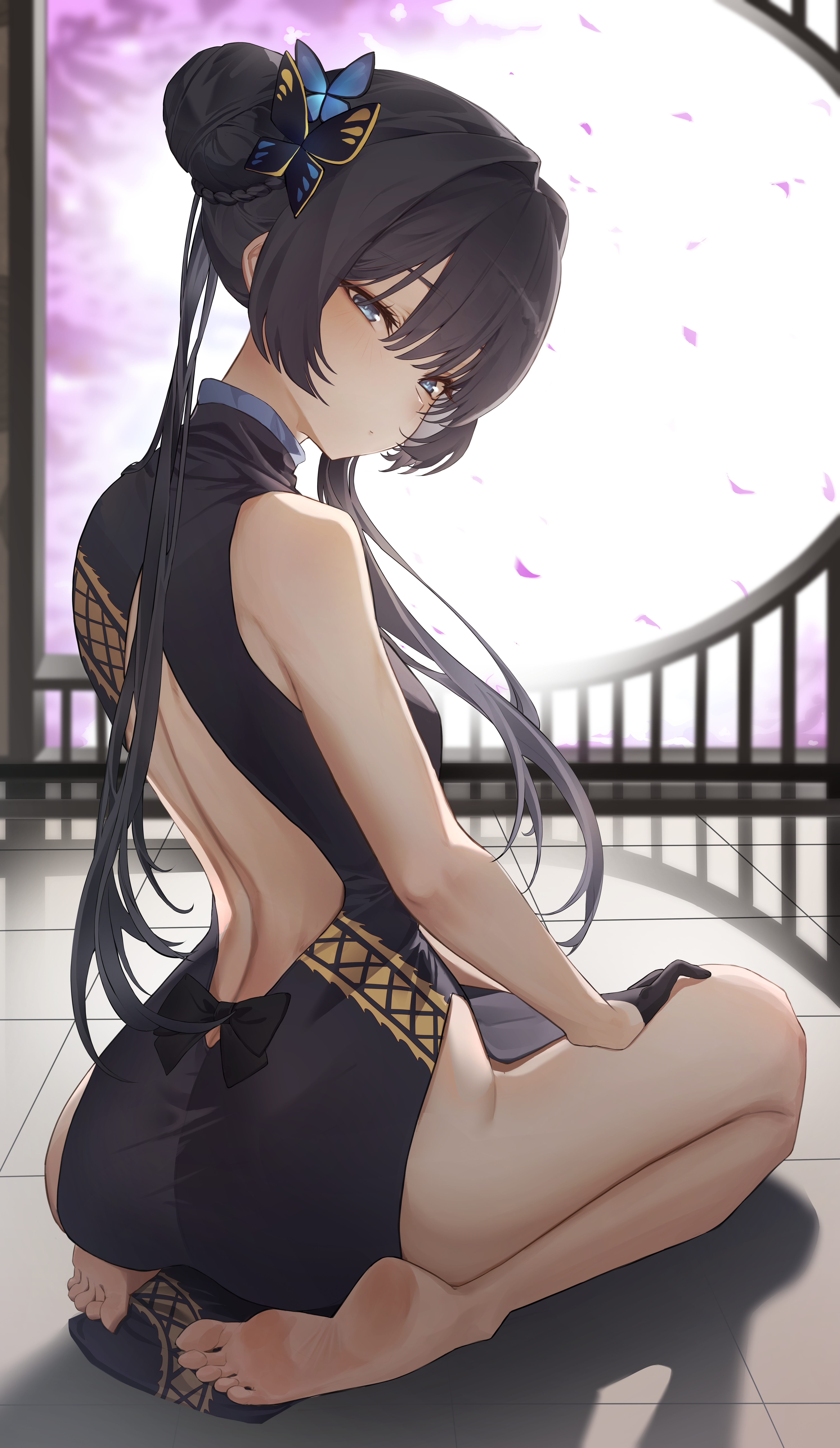 han 001, kisaki (blue archive), blue archive, absurdres, highres, 1girl, back cutout, black gloves, braid, braided bun, butterfly hair ornament, china dress, chinese clothes, clothing cutout, double bun, dragon print, dress, expressionless, from behind, gloves, grey eyes, grey halo, hair bun, hair ornament, half gloves, halo, looking at viewer, looking back, no shoes, pelvic curtain, print dress, seiza, sitting, sleeveless, sleeveless dress, soles, solo, toes