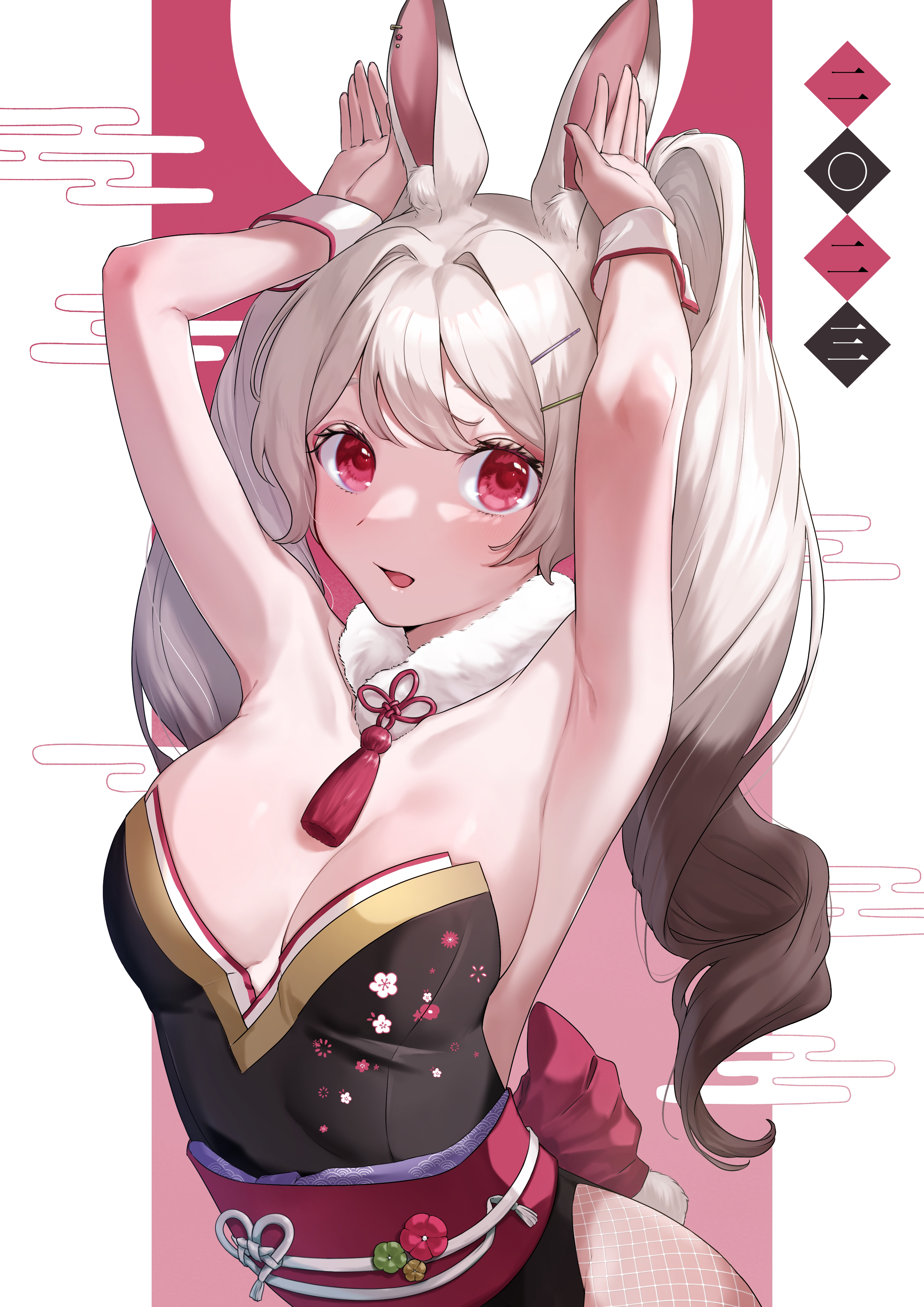 hijiri (sacra 0419), original, absurdres, commentary request, highres, 1girl, animal ear fluff, animal ears, armpits, black hair, black leotard, breasts, chinese zodiac, colored tips, fishnet pantyhose, fishnets, hair intakes, hair ornament, hairclip, leotard, long hair, looking at viewer, multicolored hair, pantyhose, playboy bunny, rabbit ears, rabbit girl, rabbit tail, red eyes, solo, tail, tassel, twintails, white hair, white pantyhose, white wrist cuffs, wrist cuffs, year of the rabbit