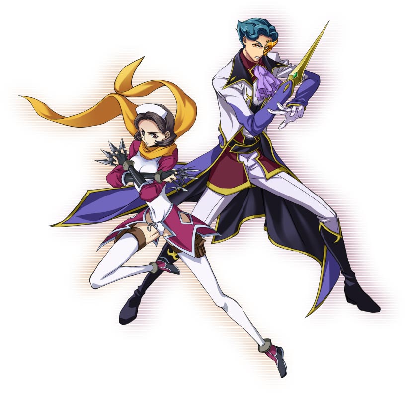 jeremiah gottwald, shinozaki sayoko, code geass, blade, arm blade, bridal gauntlets, brown eyes, brown hair, cyborg, kunai, maid, maid headdress, ninja, scarf, short hair, thigh strap, thighhighs, weapon