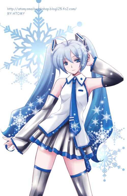 atomy, hatsune miku, yuki miku, vocaloid, 1girl, alternate color, blue eyes, detached sleeves, female focus, gradient hair, long hair, multicolored hair, necktie, patterned, skirt, snowflakes, solo, thighhighs, twintails, white background, zettai ryouiki