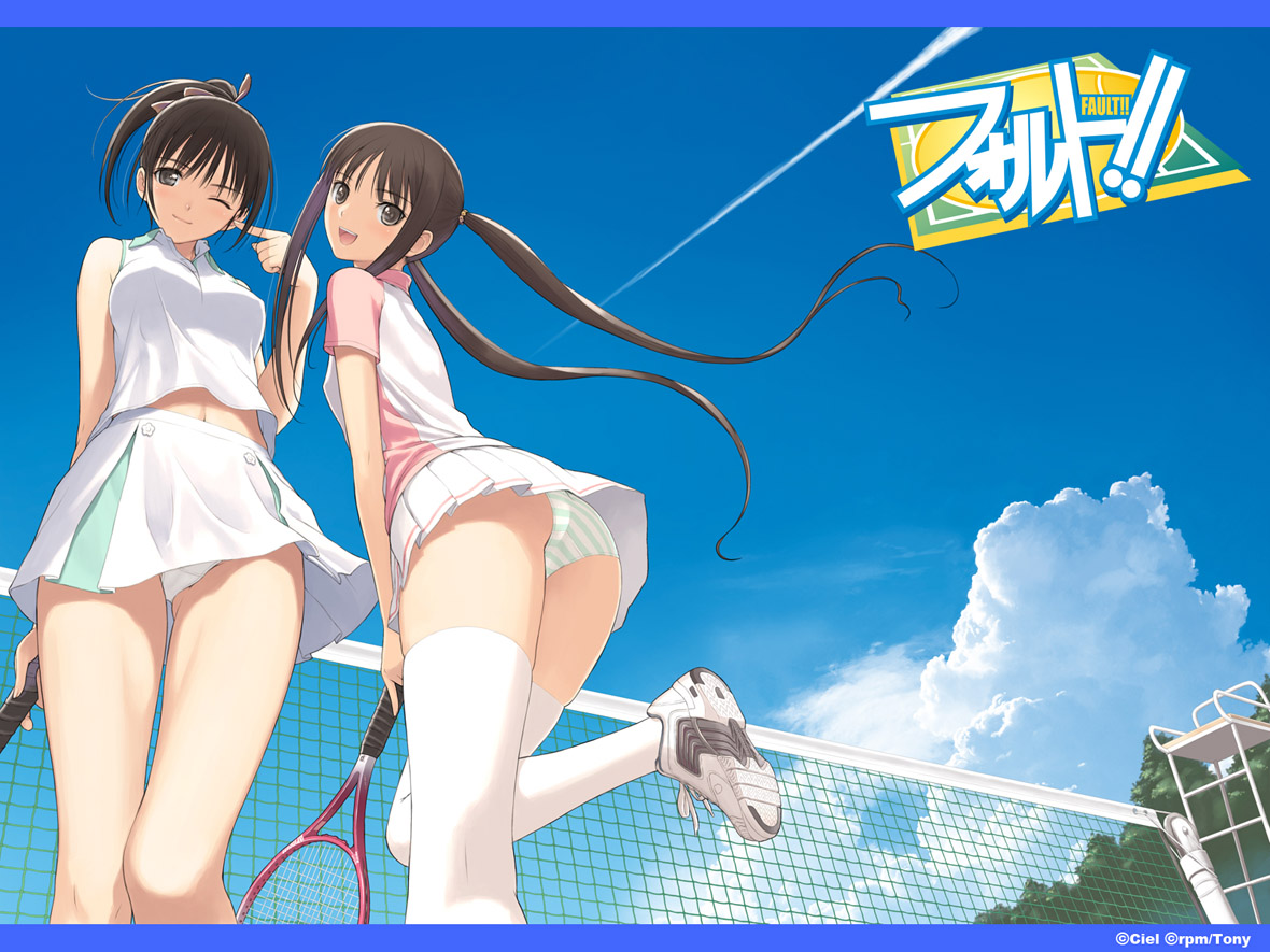 tony taka, saeki ai, sugiyama mio, fault!!, 00s, 2girls, ass, brown hair, cloud, day, long hair, multiple girls, one eye closed, panties, pantyshot, racket, skirt, sky, sportswear, striped clothes, striped panties, tennis net, tennis racket, tennis uniform, thighhighs, twintails, underwear, upskirt, white panties, white thighhighs, wink