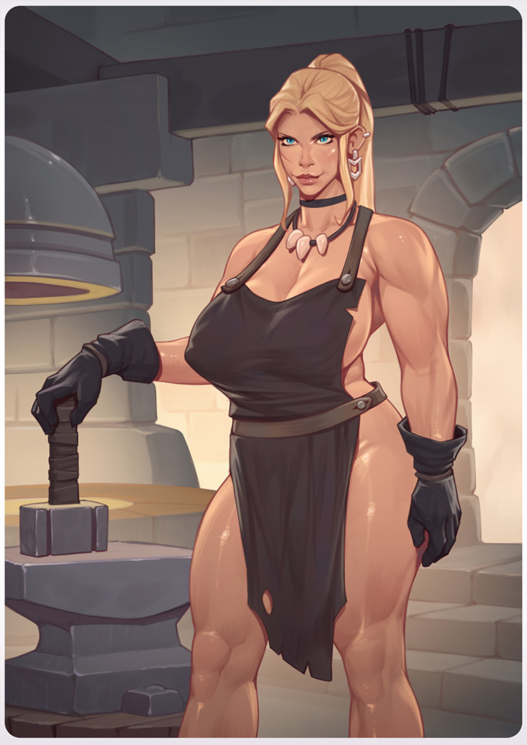 rino99, original, highres, 1girl, anvil, apron, bare legs, bare shoulders, belt, blacksmith, blonde hair, blue eyes, breasts, castle, cecilia the blacksmith (rino99), choker, cleavage, ear piercing, earrings, gloves, hammer, high ponytail, holding, holding hammer, jewelry, large breasts, lips, looking ahead, muscular, muscular female, necklace, parted bangs, piercing, ponytail, scar, scar on face, sideboob, sidelocks, solo, solo focus, thighs, upper body