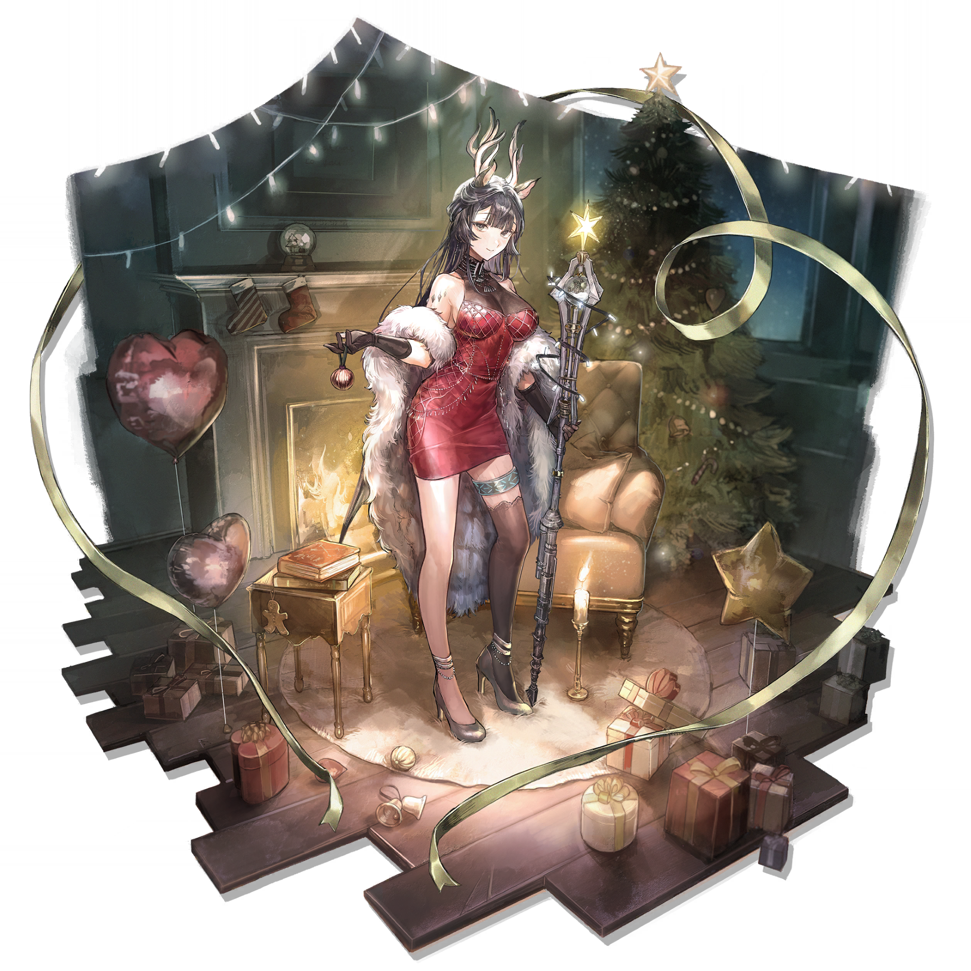 ueno zousui, tsukinogi (arknights), tsukinogi (dance) (arknights), arknights, highres, official art, 1girl, animal ears, antlers, armchair, balloon, bare shoulders, belt, black gloves, black hair, black slippers, black thighhighs, box, breasts, candle, candlestand, chair, christmas, christmas ornaments, christmas present, christmas tree, cleavage, closed mouth, coat, couch, deer antlers, deer ears, deer girl, dress, feather boa, fire, fireplace, full body, gift, gift box, gloves, heart balloon, high heels, holding, holding staff, horns, indoors, jewelry, large breasts, long hair, looking at viewer, medium breasts, official alternate costume, pencil dress, red dress, ribbon, short dress, single thighhigh, sleeveless, sleeveless dress, slippers, smile, solo, staff, standing, star (symbol), strappy heels, thigh strap, thighhighs, transparent background, wooden floor, yellow eyes