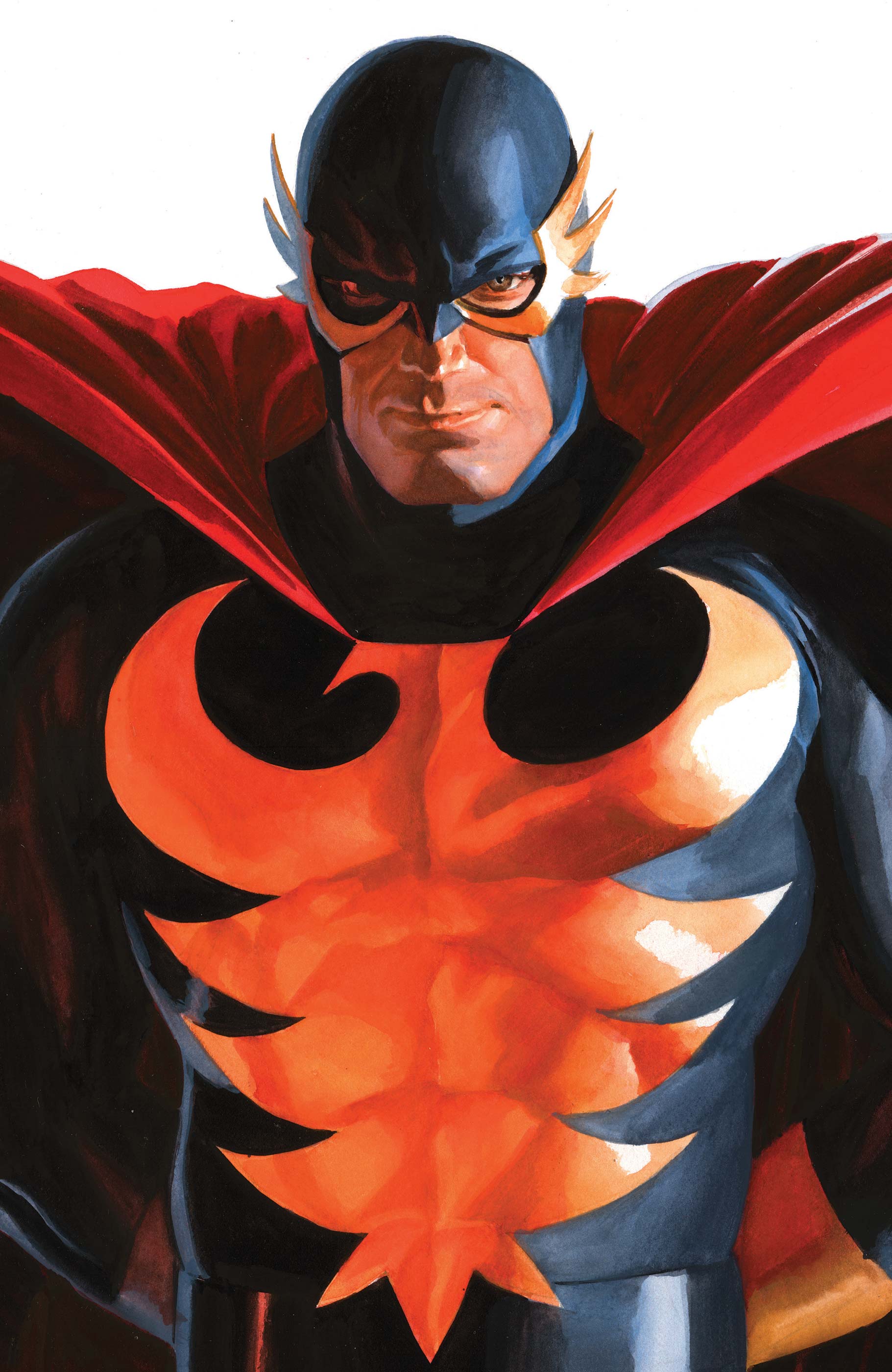 alex ross, marvel, absurdres, comic cover, highres, official art, 1boy, black bodysuit, bodysuit, brown eyes, cape, character logo, cover, cover page, covered abs, looking at viewer, male focus, mask, muscular, muscular male, nighthawk (marvel), realistic, red cape, solo, superhero costume, upper body, western comics (style), white background