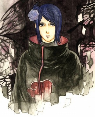02w-a, konan (naruto), naruto (series), naruto shippuuden, lowres, 1girl, akatsuki (naruto), blue hair, face piercing, female focus, labret piercing, solo