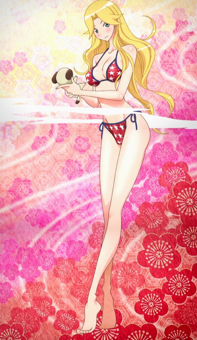 kimura kaere, sayonara zetsubou sensei, anime screenshot, stitched, third-party edit, 00s, 1girl, aqua eyes, bikini, blonde hair, female focus, long hair, long legs, red bikini, side-tie bikini bottom, solo, swimsuit