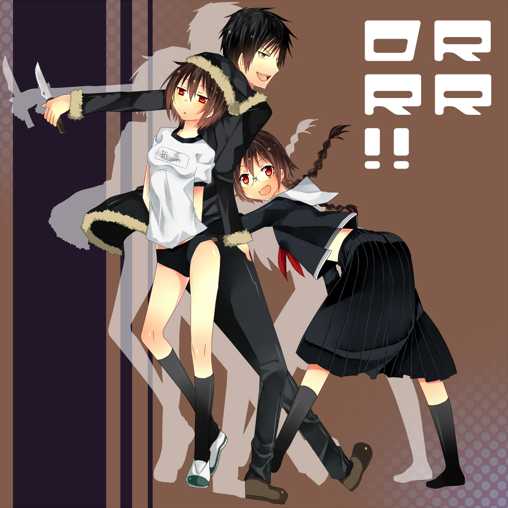lotton, orihara izaya, orihara kururi, orihara mairu, durarara!!, 2girls, black hair, braid, brother and sister, brown hair, coat, glasses, gym uniform, knife, legs, multiple girls, pleated skirt, red eyes, school uniform, short hair, siblings, sisters, skirt, twin braids, twins