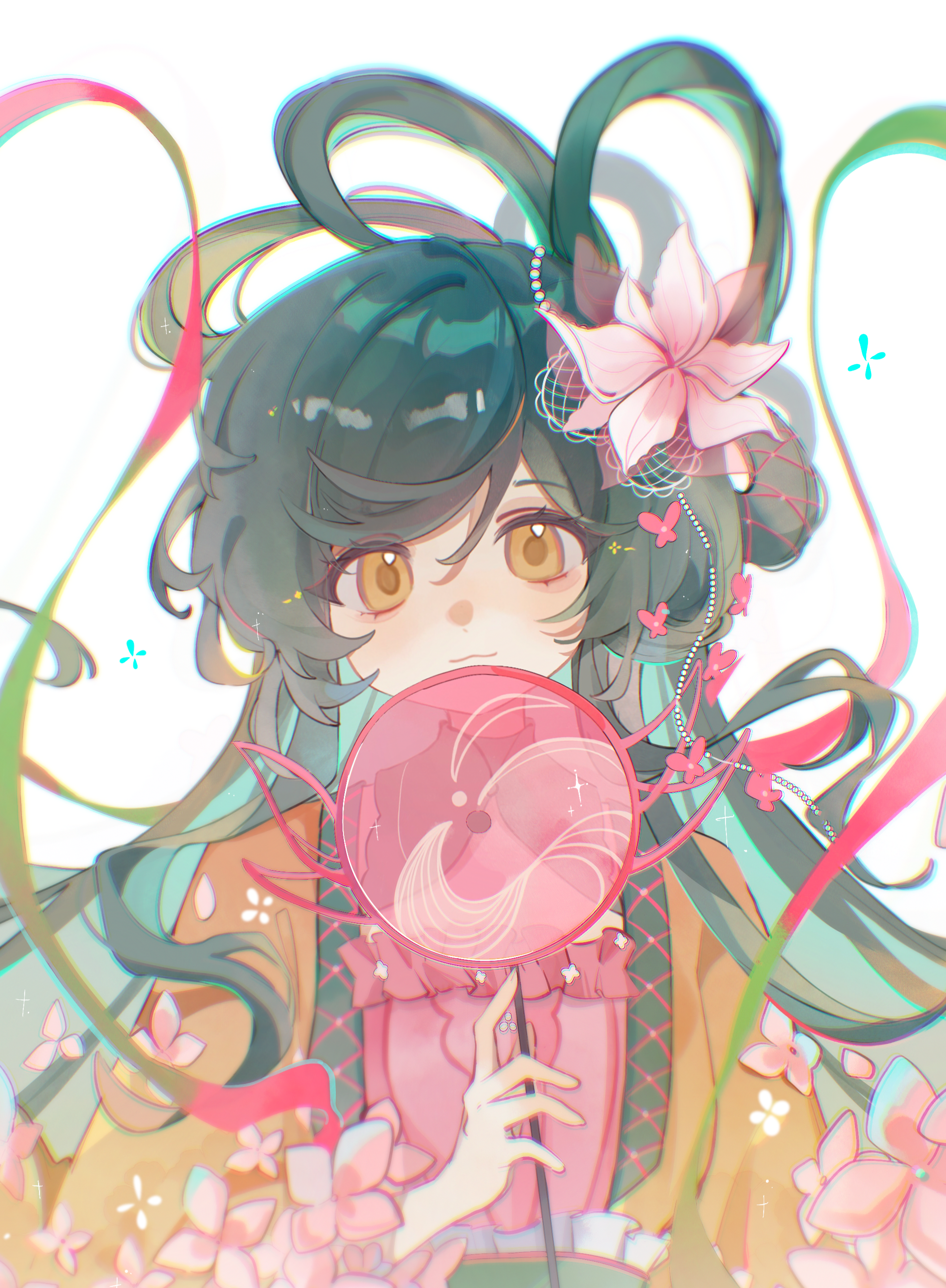 senzhongxun, original, absurdres, highres, 1girl, closed mouth, flower, green hair, hair between eyes, hair flower, hair ornament, hair rings, long hair, looking at viewer, orange shirt, shirt, simple background, solo, upper body, white background, yellow eyes