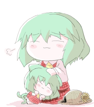 kurakkaa, kurakkaa (artist), kazami yuuka, touhou, lowres, 2girls, :3, ascot, blush, blush stickers, chibi, closed eyes, dual persona, female focus, hat, headpat, kemonomimi mode, lap pillow, multiple girls, plaid clothes, plaid skirt, plaid vest, skirt, skirt set, sleeping, straw hat, vest, white background, yukkuri shiteitte ne