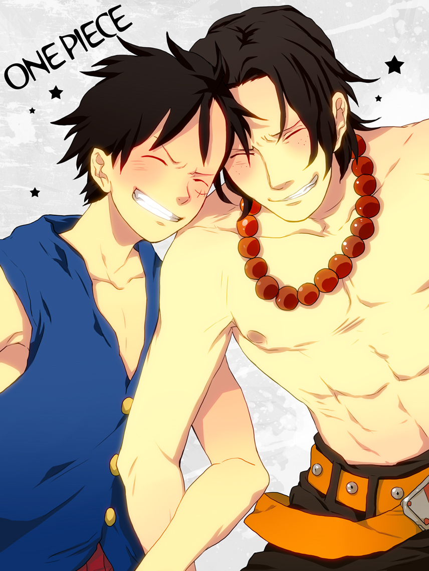 momoiro oji, monkey d. luffy, portgas d. ace, one piece, bad id, bad pixiv id, 2boys, belt, black hair, black shorts, blush, brothers, copyright name, family, freckles, jewelry, male focus, multiple boys, muscular, necklace, red shorts, scar, short hair, shorts, siblings, smile, star (symbol), text focus, topless male, vest