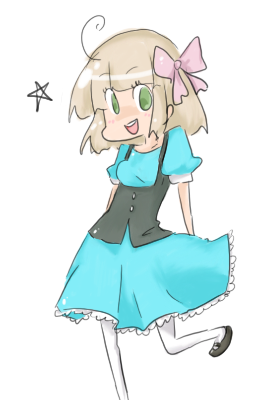 blonde hair, blue dress, dress, green eyes, pantyhose, pink ribbon, ribbon, sids, solo, white pantyhose