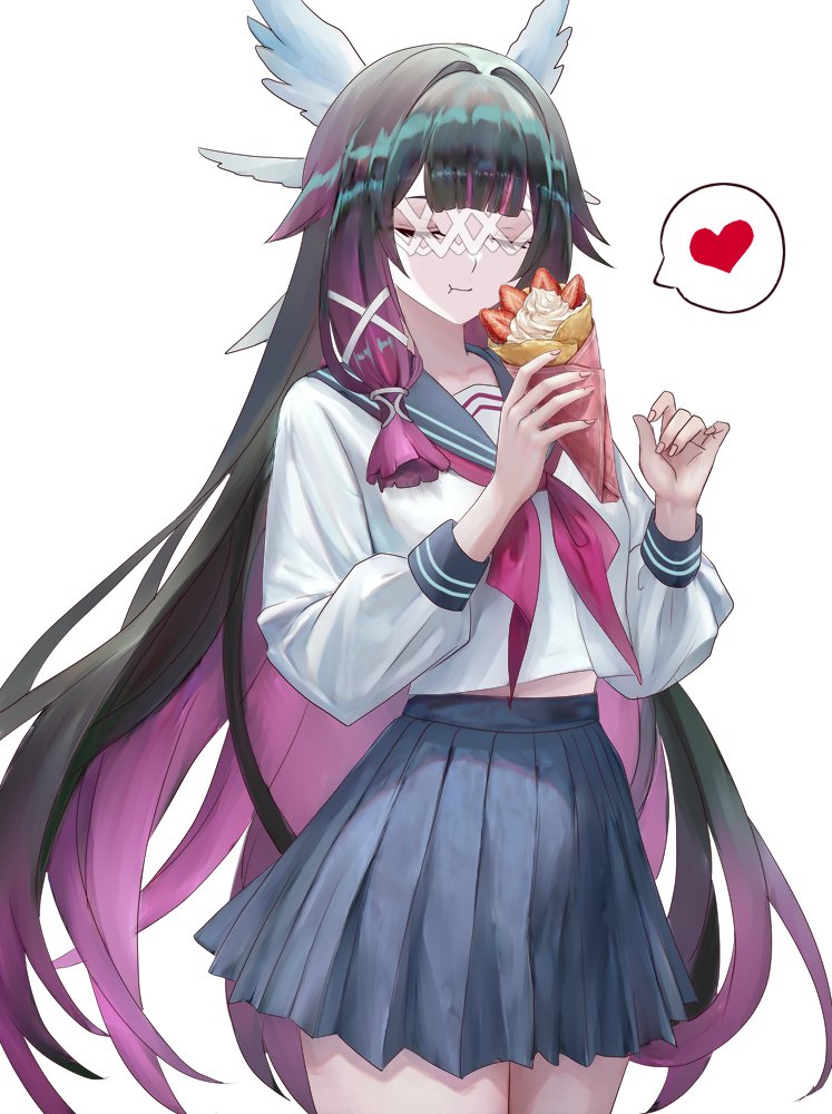 columbina (genshin impact), genshin impact, commentary request, 1girl, :t, alternate costume, black hair, blue sailor collar, blue skirt, closed eyes, colored inner hair, contemporary, cowboy shot, crepe, eating, eye mask, food, hair ribbon, head wings, heart, holding, holding crepe, holding food, long hair, mask, miyashirokiyu, multicolored hair, neckerchief, pleated skirt, purple hair, purple neckerchief, ribbon, sailor collar, school uniform, serafuku, shirt, simple background, skirt, solo, speech bubble, spoken heart, very long hair, white background, white ribbon, white shirt, wings