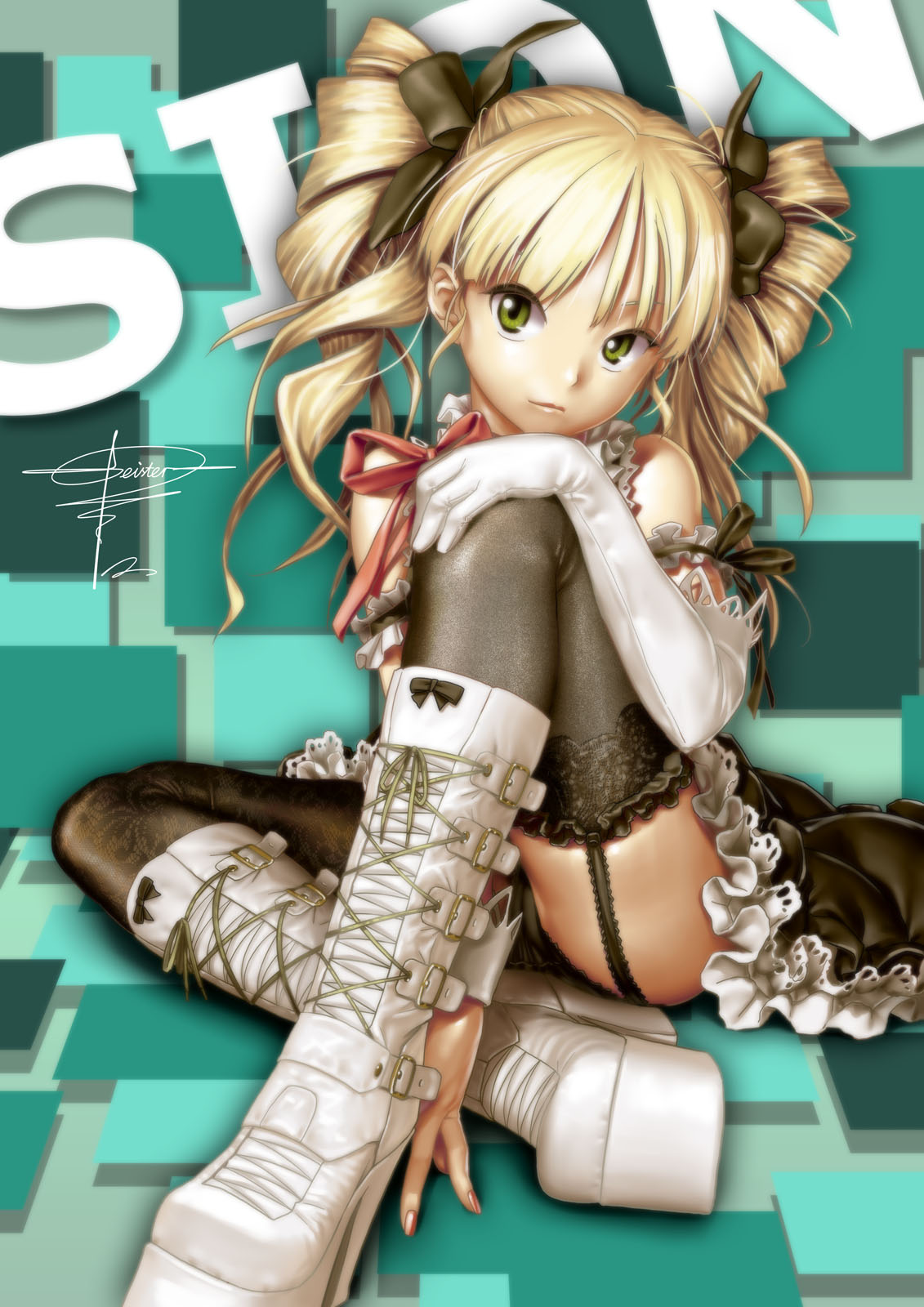geister, original, lace-trimmed legwear, platform footwear, highres, 1girl, arm strap, artist name, black dress, black panties, black thighhighs, blonde hair, boots, bow, cameltoe, dress, drill hair, elbow gloves, female focus, fingernails, frills, garter straps, gloves, green eyes, hair bow, hair ornament, hair ribbon, high heel boots, high heels, knee boots, lace, lace-up boots, lace trim, legs, lips, loli, lolita fashion, long fingernails, long hair, looking at viewer, makeup, nail polish, panties, pantyshot, platform boots, platform heels, ribbon, sitting, skirt, solo, thighhighs, twin drills, twintails, underwear, upskirt, zettai ryouiki