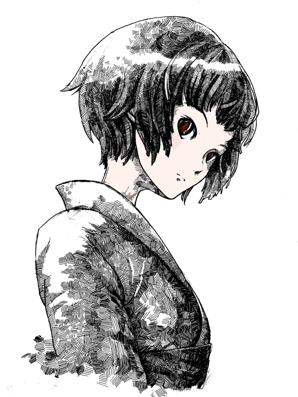 ika soumen, tsunetsuki matoi, sayonara zetsubou sensei, 00s, 1girl, black hair, bob cut, female focus, japanese clothes, kimono, looking back, partially colored, red eyes, short hair, solo, texture, white background