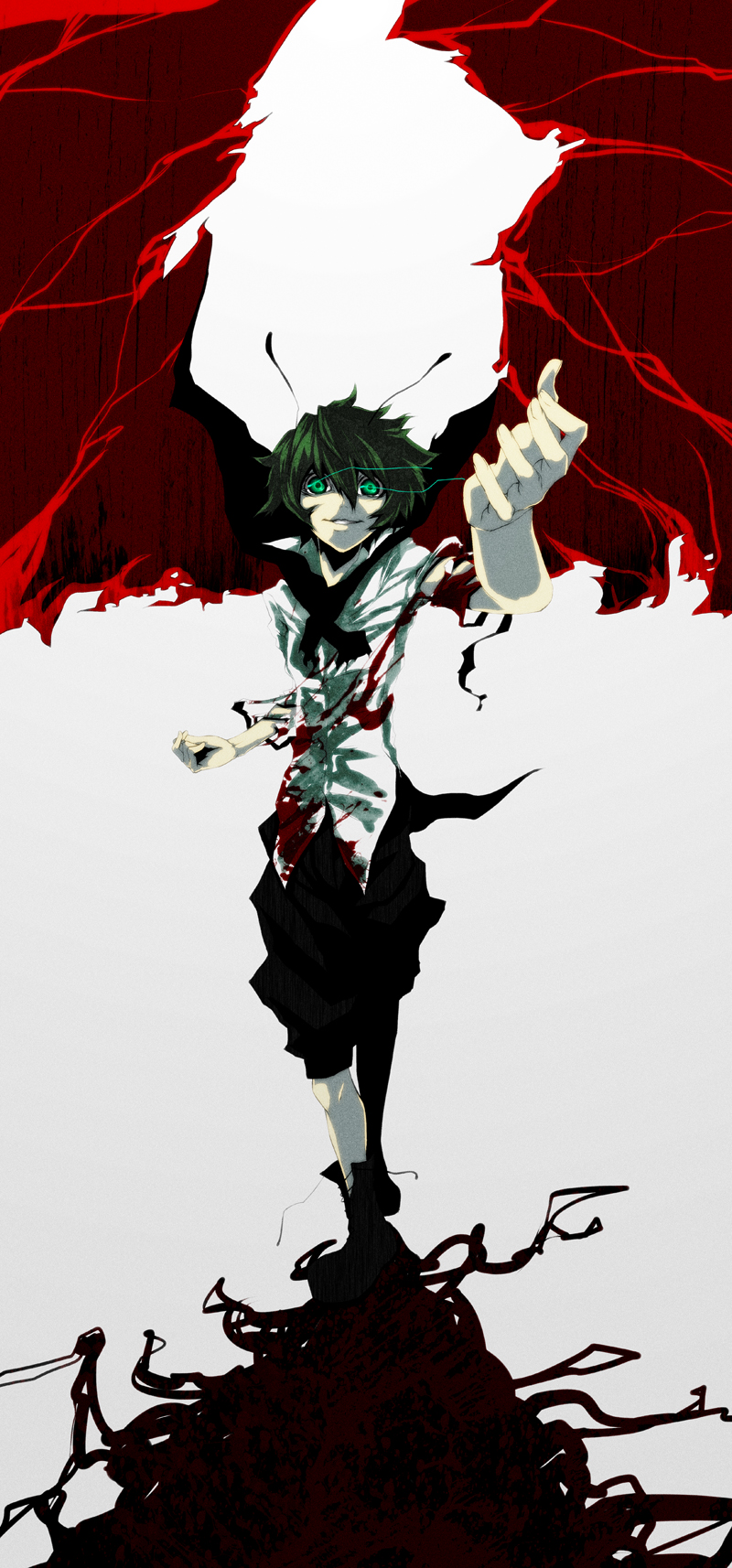 iwamoto eiri, wriggle nightbug, touhou, bad id, bad pixiv id, highres, 1girl, androgynous, antennae, blood, cape, female focus, glowing, glowing eyes, green eyes, green hair, grin, matching hair/eyes, reverse trap, short hair, smile, solo, tomboy