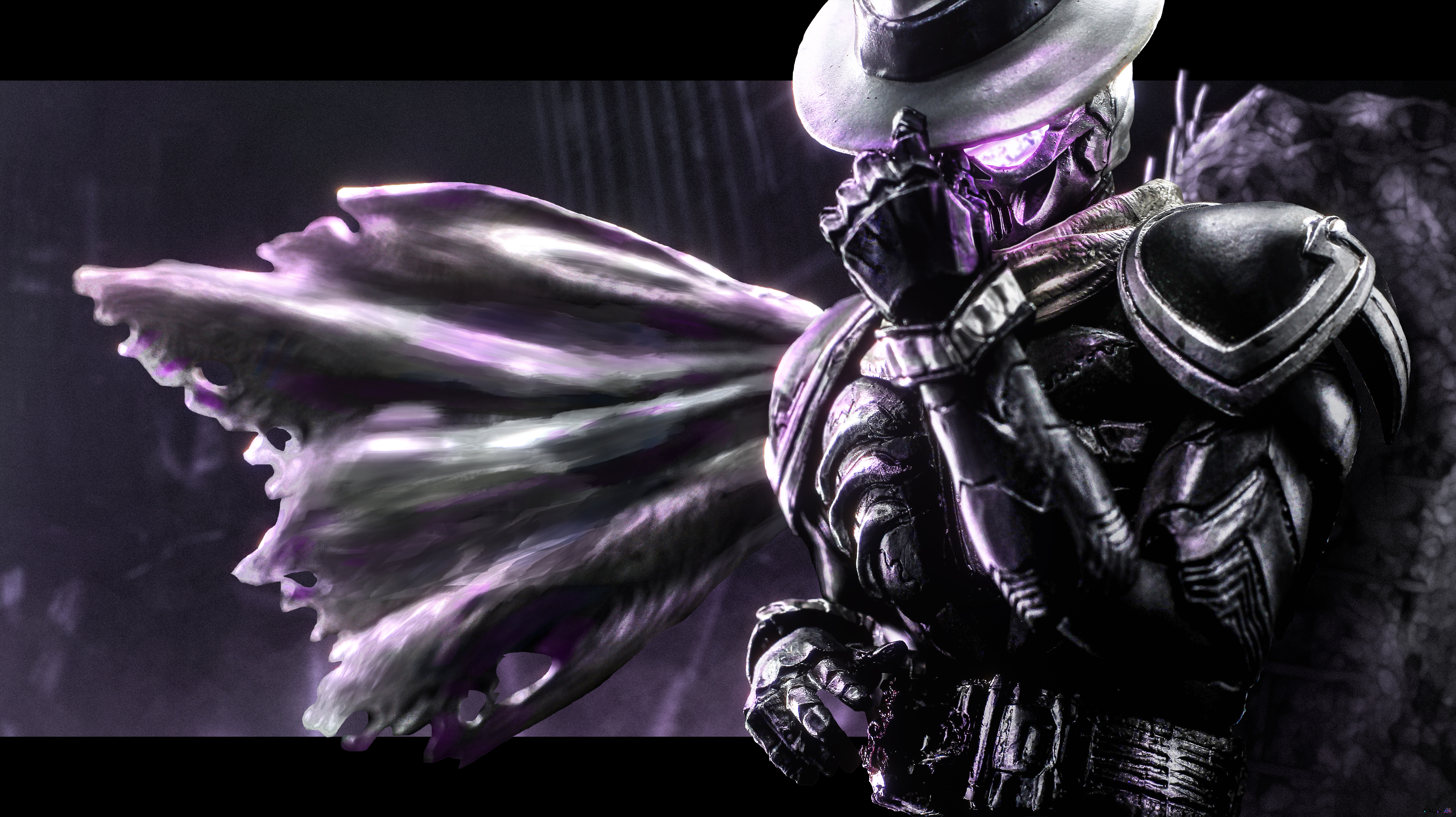 kamen rider skull, kamen rider, kamen rider w, tokusatsu, absurdres, commentary, highres, 1boy, armor, belt, building, dark, fedora, glowing, glowing eyes, hat, hat tip, helmet, letterboxed, looking at viewer, love894anon, mask, night, purple eyes, rider belt, rock, scarf, shoulder armor, skull mask, solo, torn clothes, torn scarf, white hat, white scarf