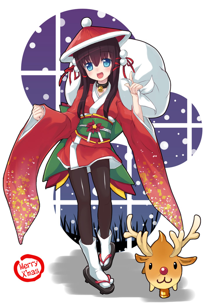minamura haruki, original, 1girl, bell, christmas, collar, female focus, hat, japanese clothes, kimono, latex, neck bell, pantyhose, reindeer, sack, santa costume, short kimono, snow, solo