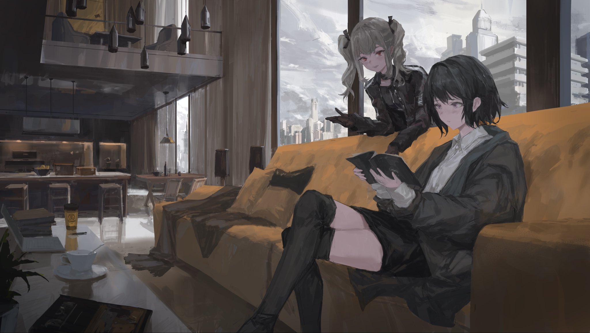 commentary request, highres, 2girls, black gloves, black hair, black jacket, black skirt, black thighhighs, book, building, city, collared shirt, computer, couch, crossed legs, cup, disposable coffee cup, disposable cup, gloves, grey hair, holding, holding book, ichijou riana, indoors, jacket, kankunen yua, laptop, lavender quartz: kyoukai hyoudou, multiple girls, overcast, plant, potted plant, raymon (raym0n ), reading, shirt, skirt, sky, skyscraper, stool, table, teacup, thighhighs, twintails, white shirt, window