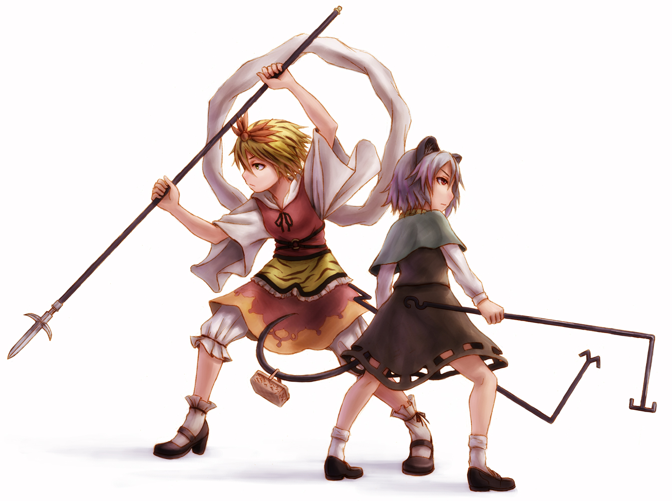 kurione (pixiv), kurione (zassou), nazrin, toramaru shou, touhou, bad id, bad pixiv id, 2girls, animal ears, basket, blonde hair, female focus, grey hair, hair ornament, jewelry, mouse ears, mouse tail, multicolored hair, multiple girls, pendant, polearm, red eyes, shawl, short hair, spear, tail, weapon