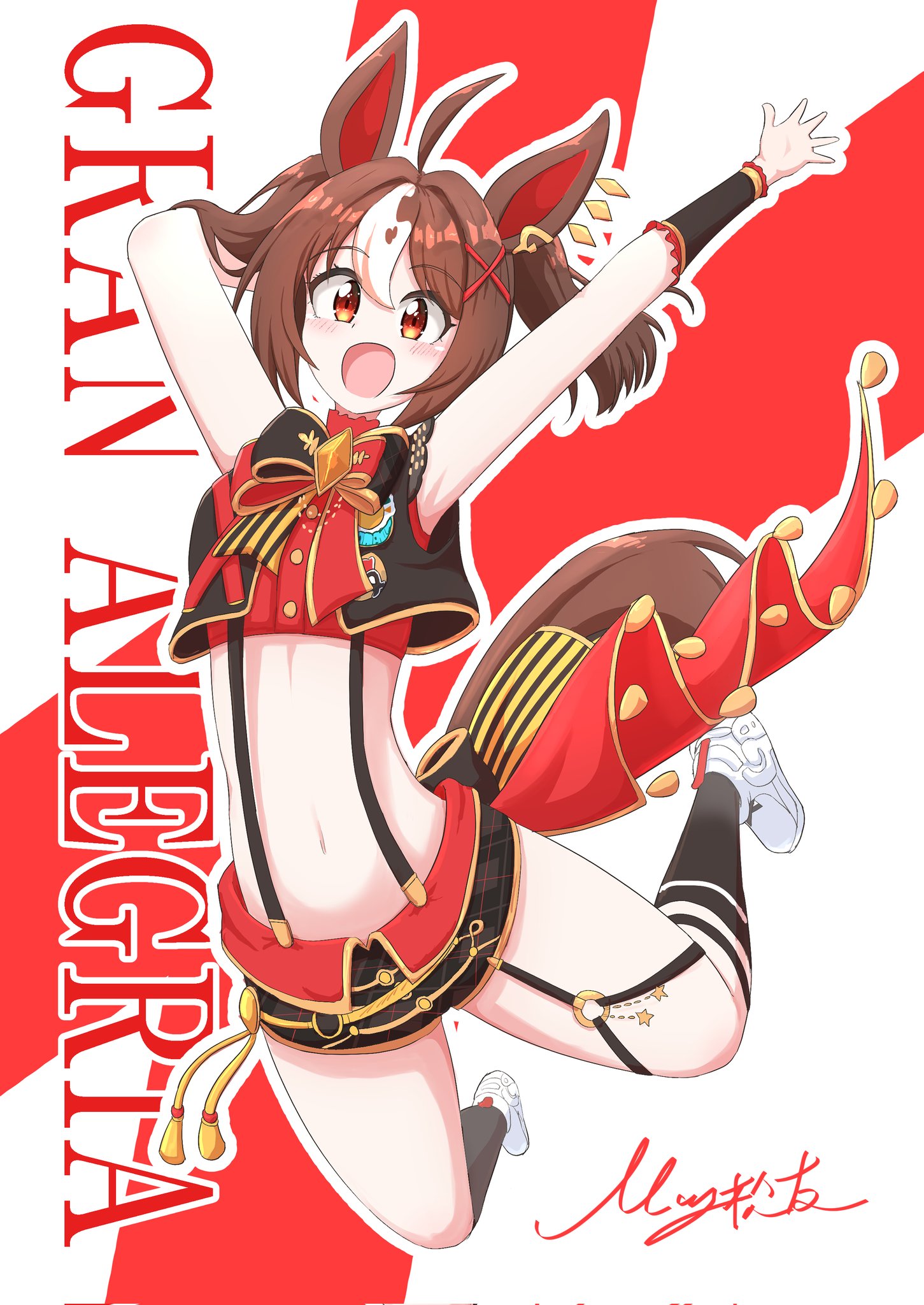 matty (matsutomo), gran alegria (smile my way!) (umamusume), gran alegria (umamusume), umamusume, commentary request, highres, 1girl, ahoge, animal ears, armpits, arms up, breasts, brown hair, character name, hair between eyes, hair ornament, horse ears, horse tail, jumping, looking at viewer, medium breasts, medium hair, navel, short hair, shorts, solo, tail, white background, x hair ornament