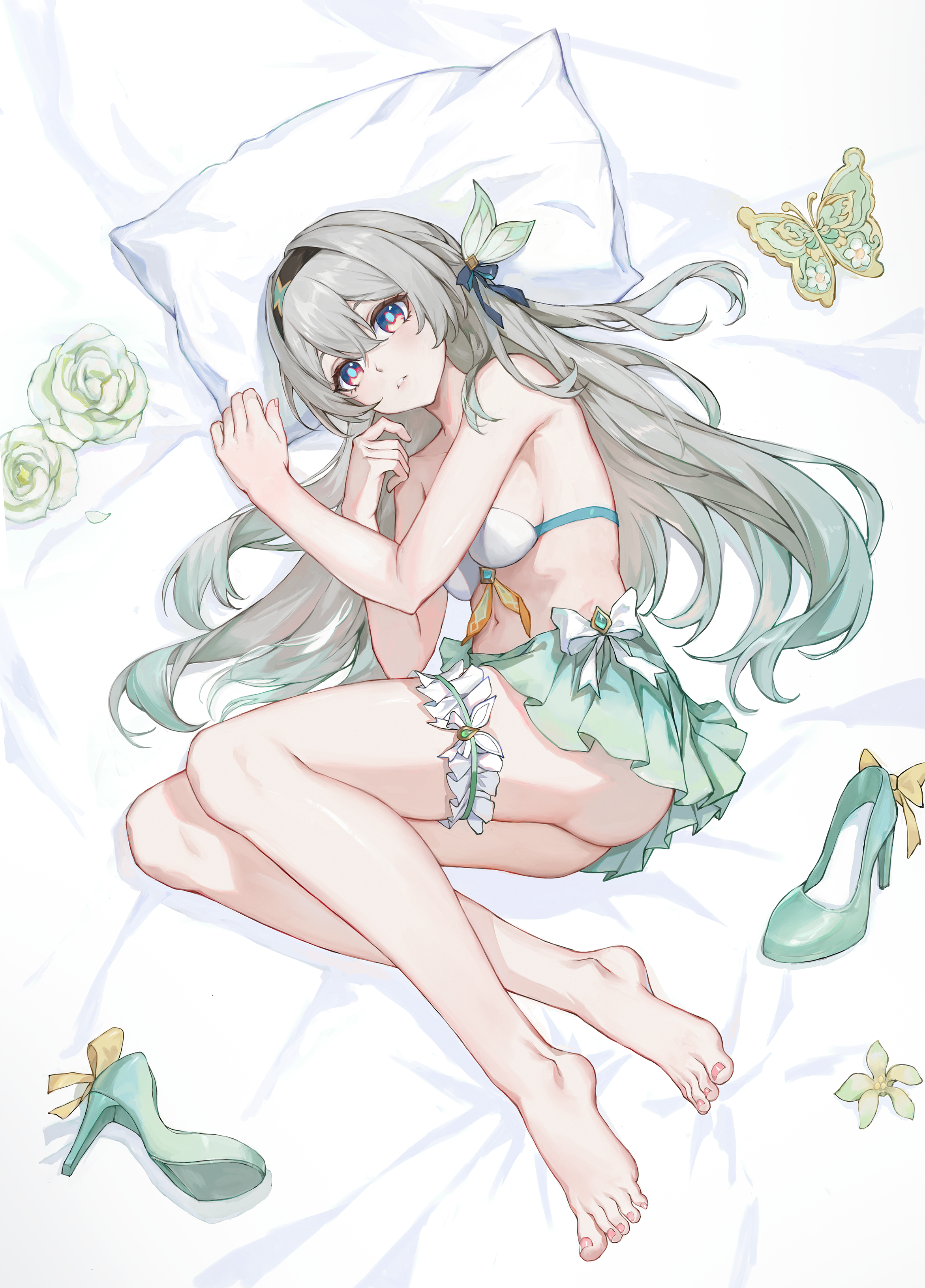 mkice, firefly (honkai: star rail), honkai: star rail, honkai (series), absurdres, commentary request, highres, 1girl, adapted costume, aqua hair, aqua shoes, aqua skirt, barefoot, black hairband, blue pupils, bra, breasts, full body, gradient hair, grey hair, hair spread out, hairband, head on pillow, high heels, looking at viewer, lying, medium breasts, multicolored eyes, multicolored hair, on side, parted lips, pillow, pumps, purple eyes, shoes, skirt, solo, thigh strap, toenails, two-tone eyes, underwear, unworn shoes, white bra