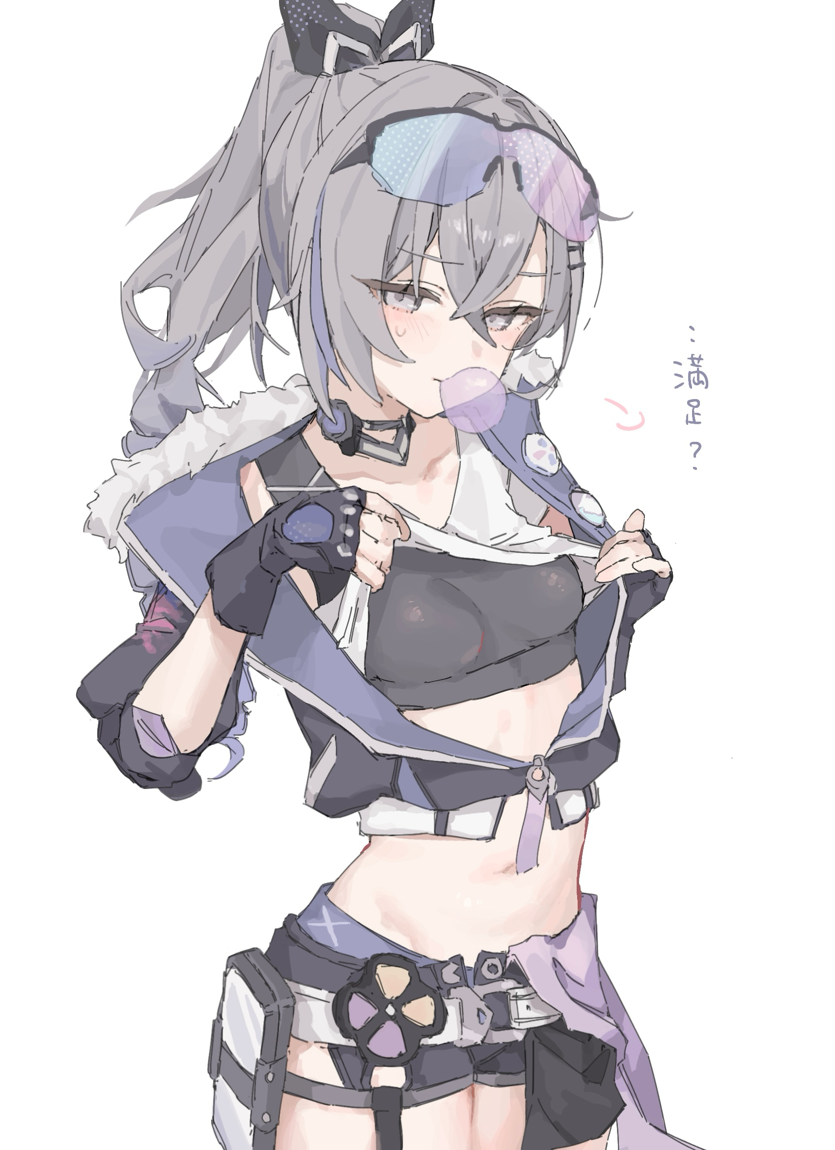 coa (35 seno), silver wolf (honkai: star rail), honkai: star rail, honkai (series), commentary, english commentary, highres, translation request, 1girl, black sports bra, blowing bubble gum, bow, breasts, chewing gum, clothes lift, cowboy shot, gloves, grey eyes, grey hair, hair bow, jacket, lifting own clothes, medium breasts, navel, ponytail, shirt lift, short shorts, shorts, simple background, solo, sports bra, white background