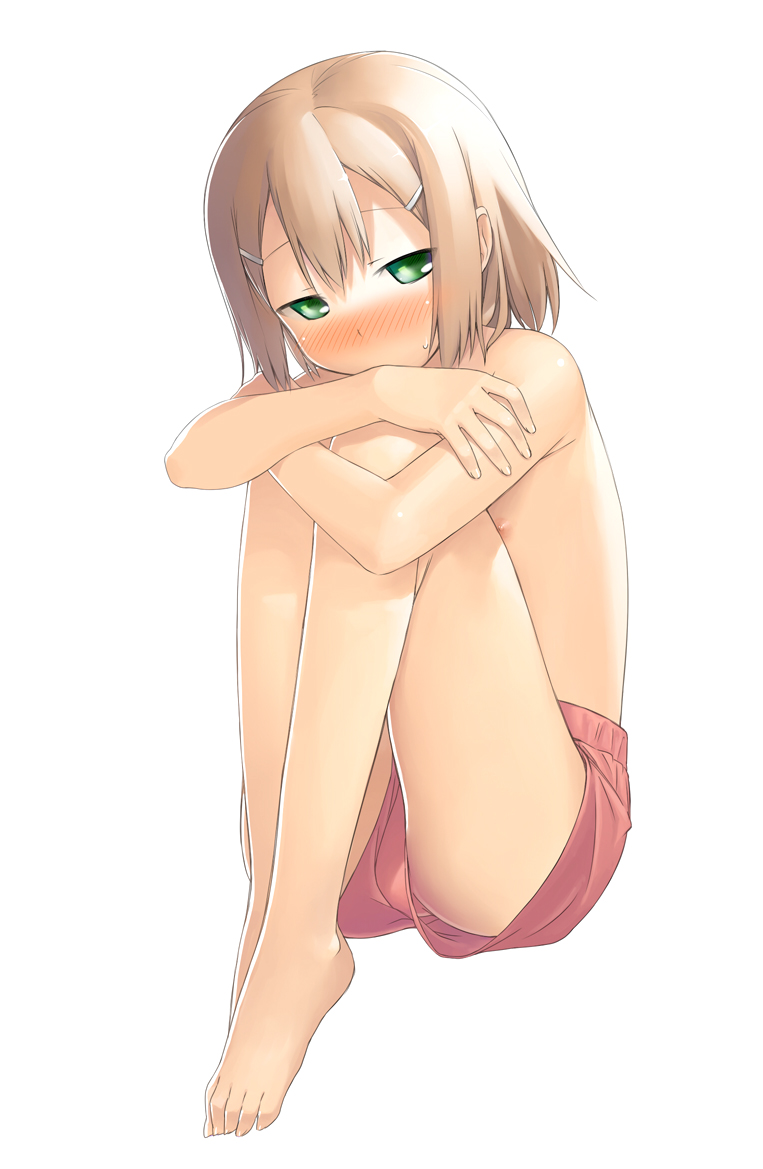 kinniku tarou, kinoshita hideyoshi, baka to test to shoukanjuu, 1boy, barefoot, blush, boxers, brown hair, feet, green eyes, hugging own legs, male focus, male underwear, nipples, no panties, shorts, sitting, solo, trap, underwear, upshorts