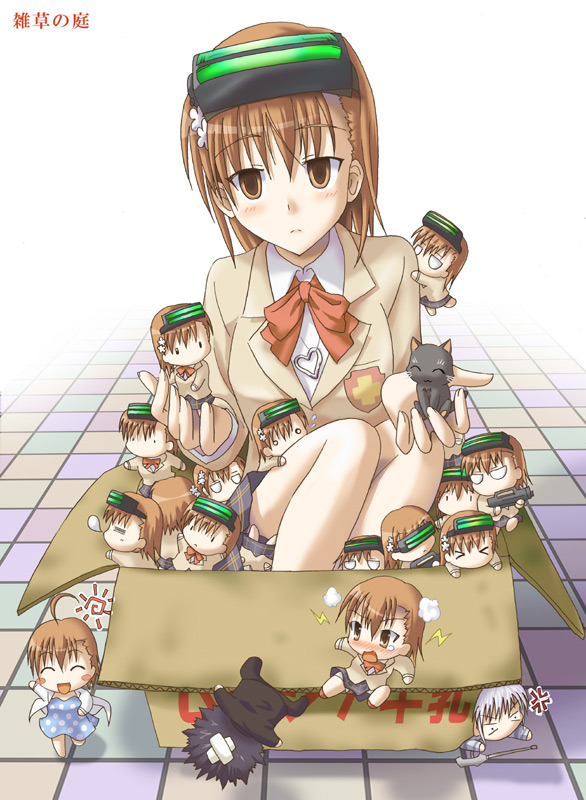 kotaken, accelerator (toaru majutsu no index), inu (toaru majutsu no index), kamijou touma, last order (toaru majutsu no index), misaka imouto, misaka imouto 10032, misaka imouto 10032's cat, misaka mikoto, toaru majutsu no index, > <, 2boys, 6+girls, ahoge, angry, assault rifle, blazer, blush, box, brown eyes, brown hair, cardboard box, cat, chibi, child, clone, closed eyes, dress, electricity, electrokinesis, gun, head-mounted display, in box, in container, jacket, jewelry, kicking, multiple boys, multiple girls, necklace, polka dot, rifle, school uniform, short hair, siblings, sisters, sitting, skirt, weapon